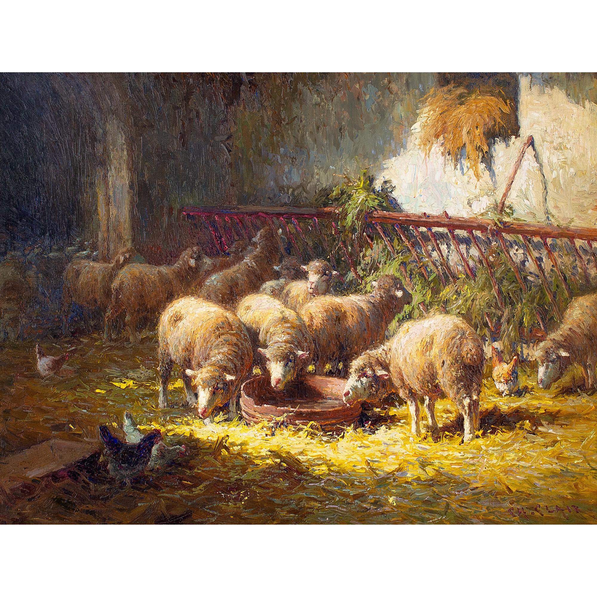 Charles Clair, Sheep Feeding In A Barn For Sale 1