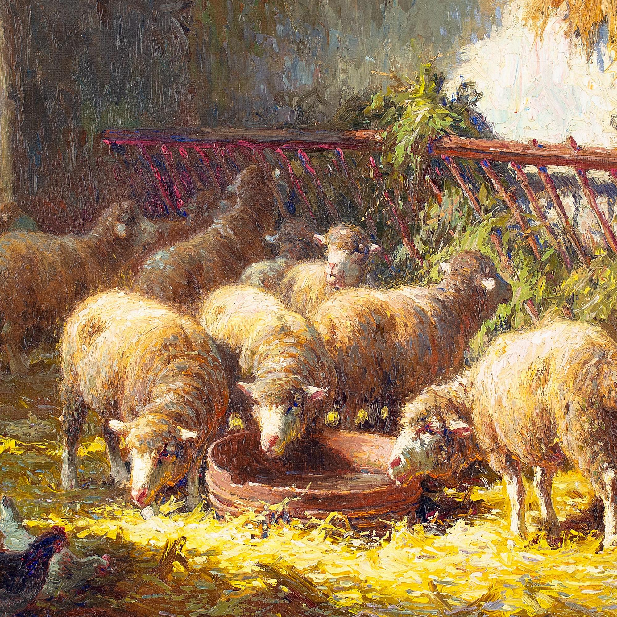 Charles Clair, Sheep Feeding In A Barn For Sale 4