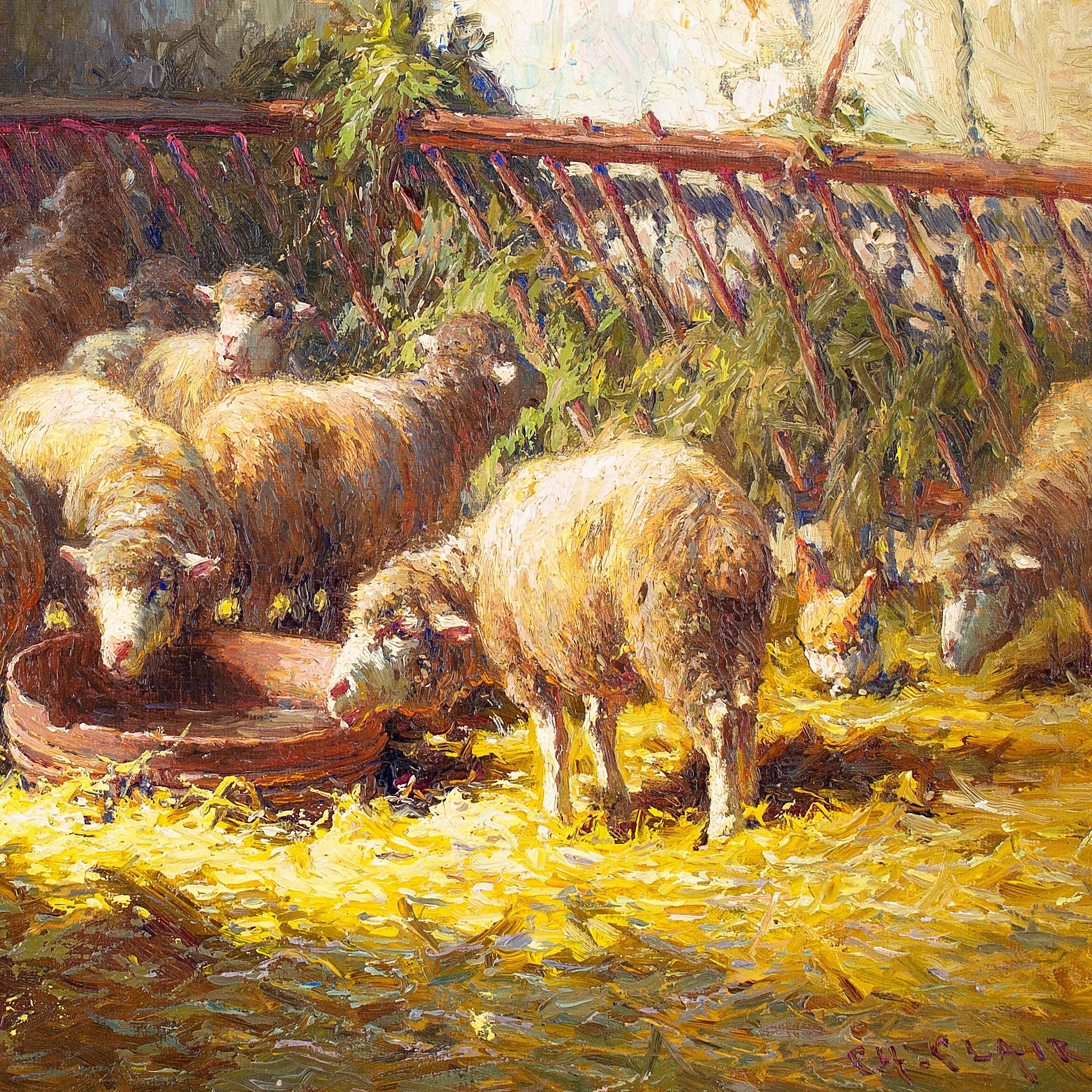 Charles Clair, Sheep Feeding In A Barn For Sale 5