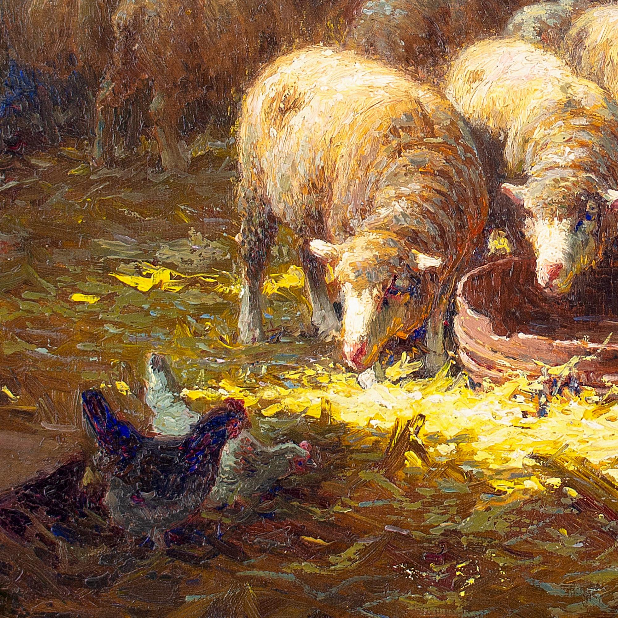 Charles Clair, Sheep Feeding In A Barn For Sale 6