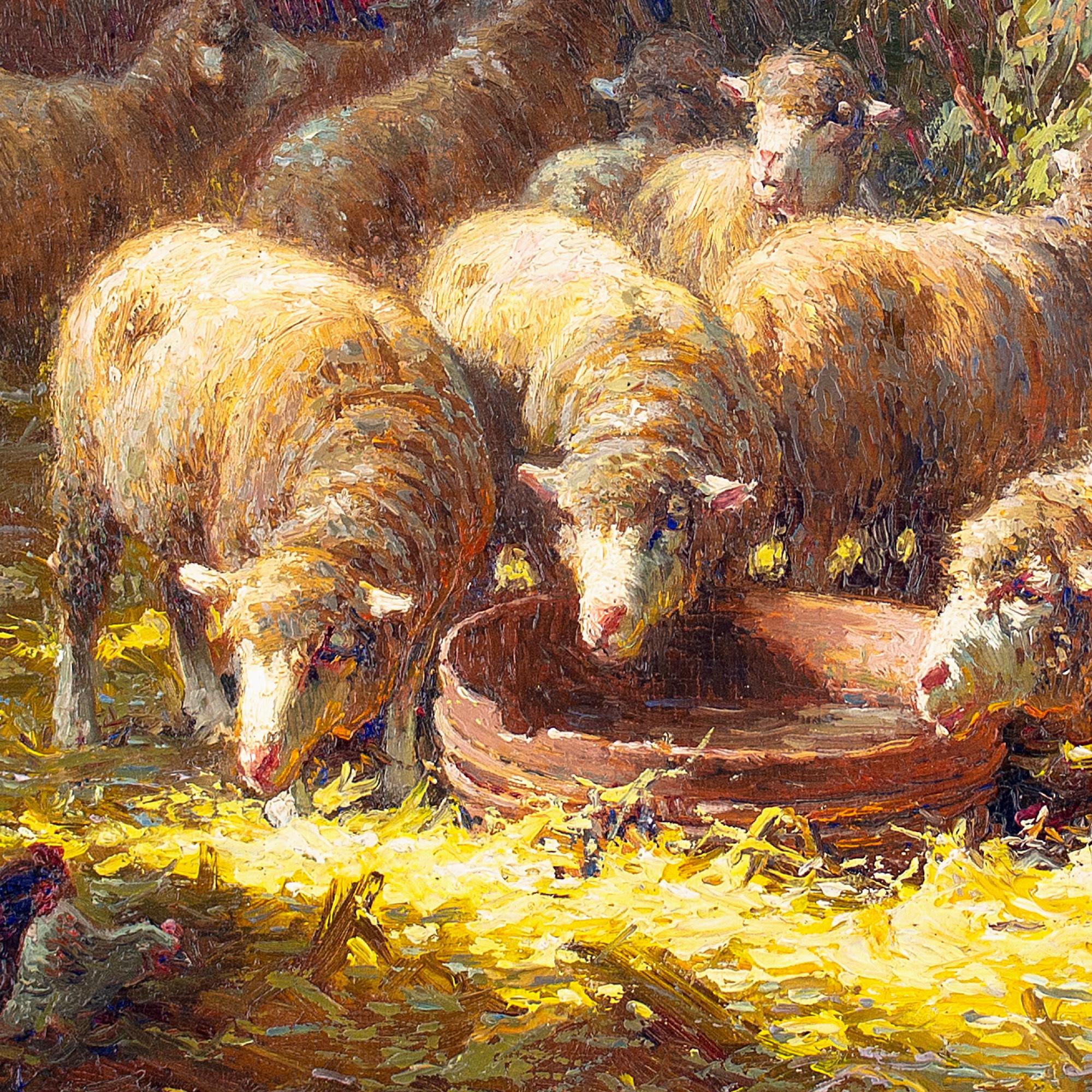 Charles Clair, Sheep Feeding In A Barn For Sale 7