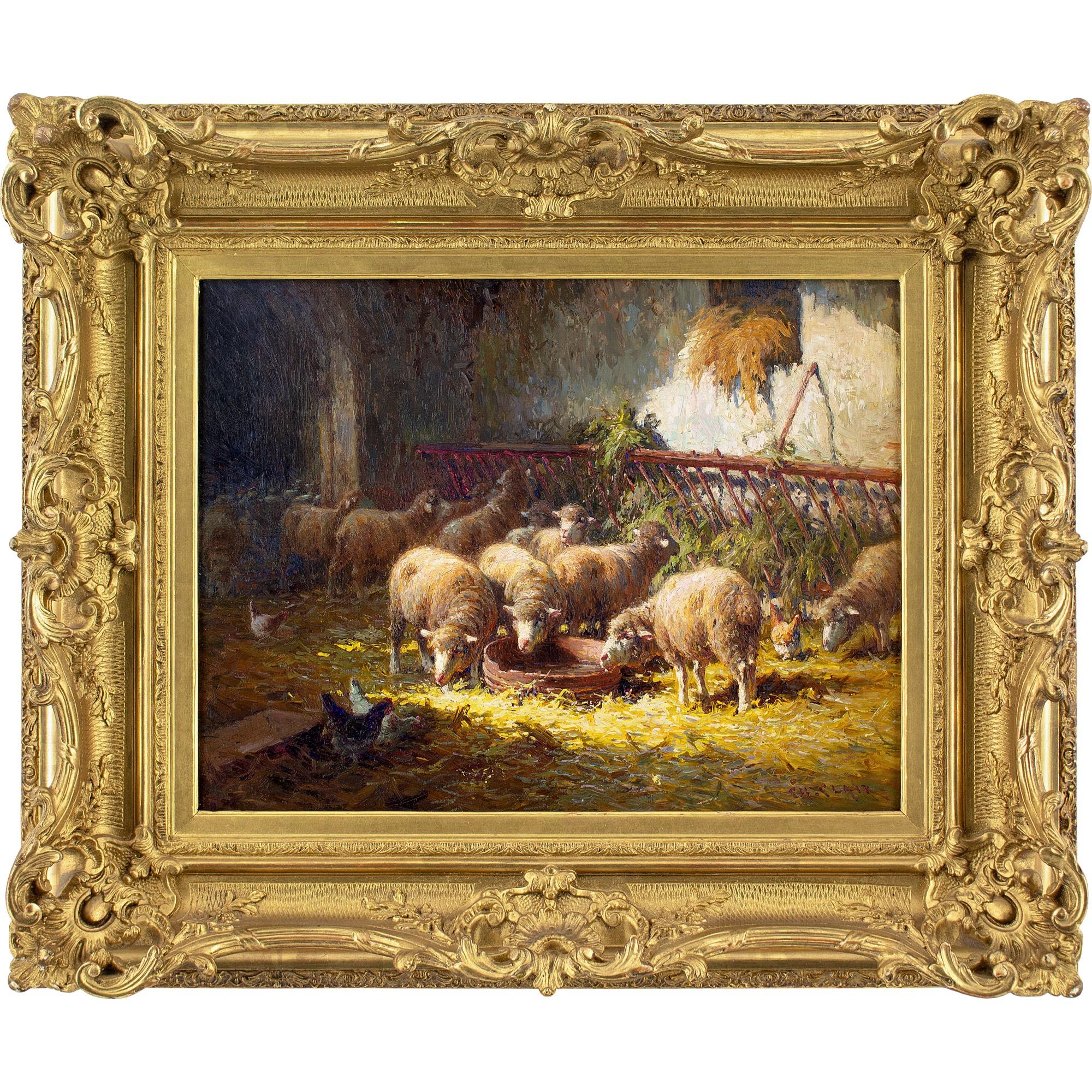 Cette peinture à l'huile du début du XXe siècle, réalisée par l'artiste français Charles Clair (1860-1930), représente de nombreux moutons en train de paître dans une grange en pierre.

Originaire de la pittoresque région rurale de Marli-sur-Allier,