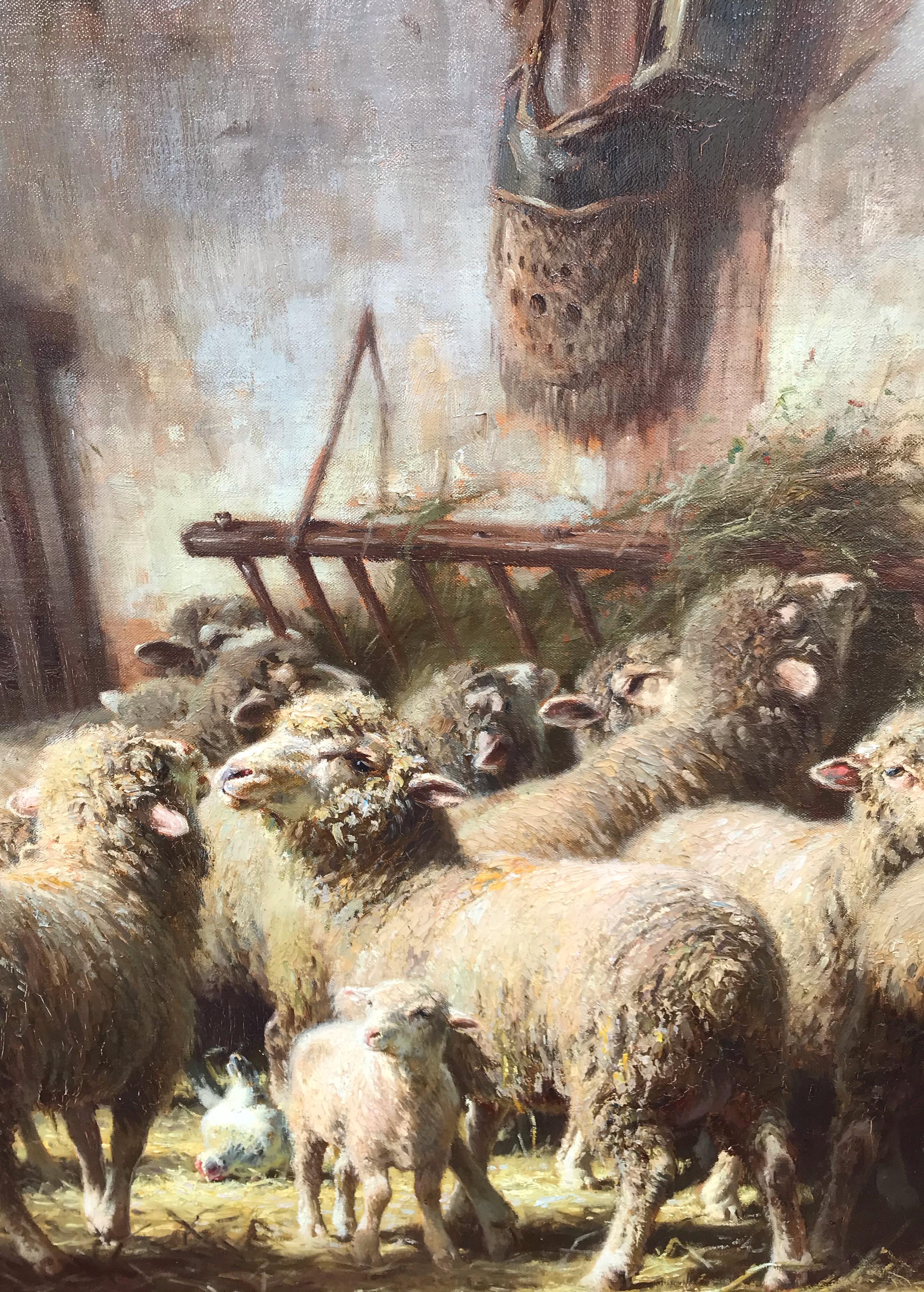 Les moutons dans la bergerie - École de Barbizon Painting par Charles Clair
