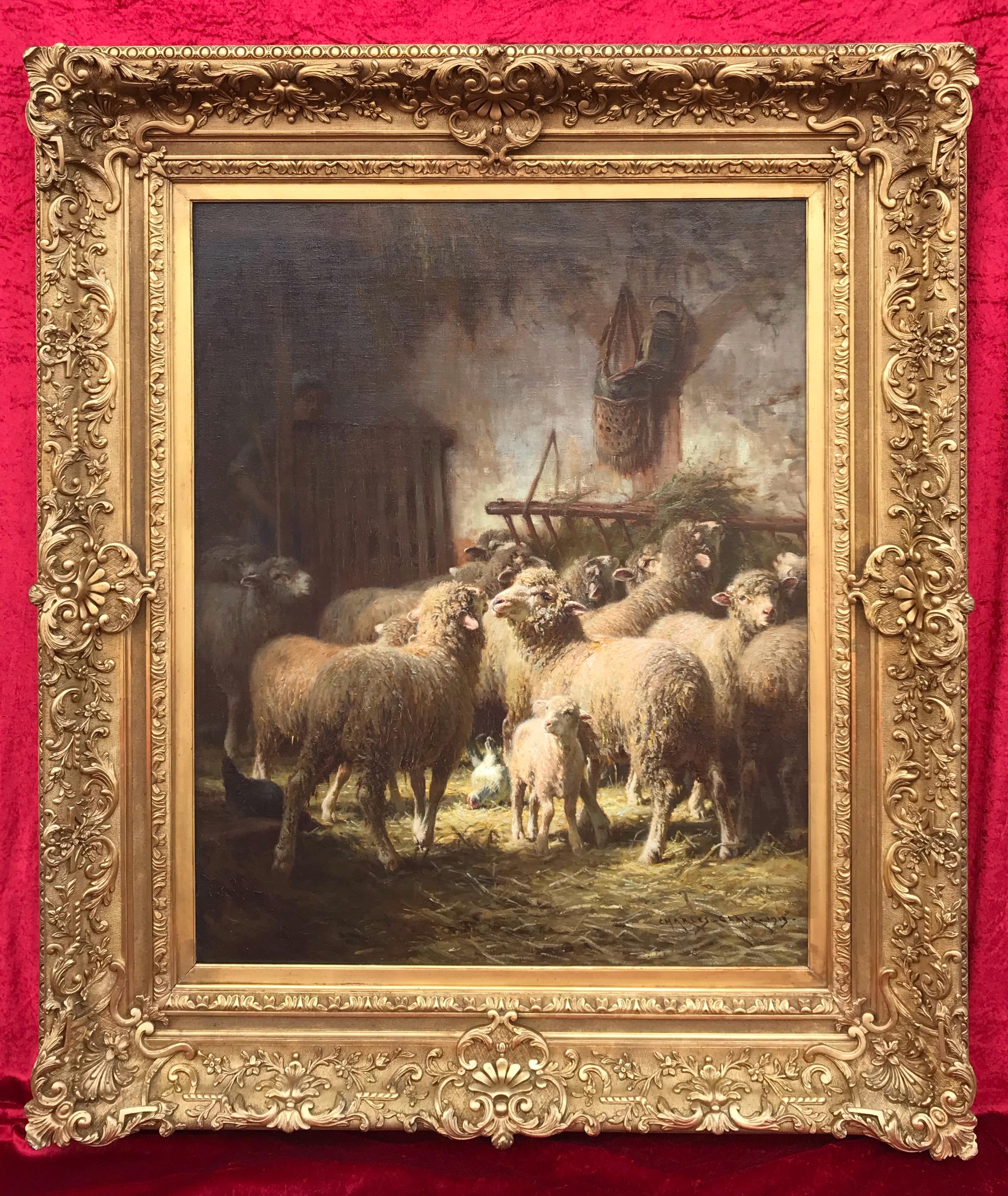 Charles Clair Animal Painting – Schafe in der Schafsfalte