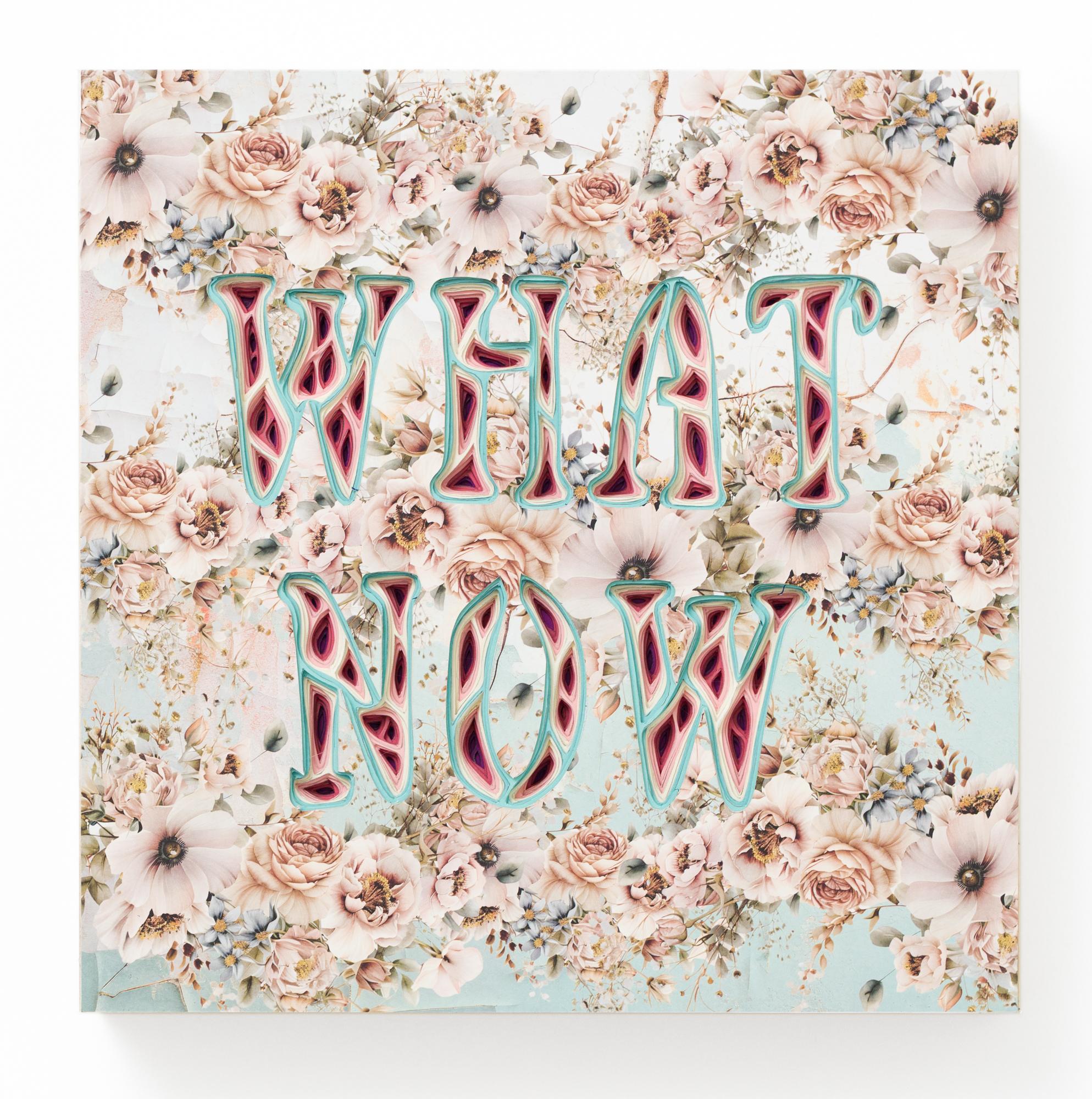 "WHAT NOW" is an original wall-hanging sculpture by Charles Clary as part of the artist's popular "Text-i-monial" series. To create the artwork, Clary hand cuts a series of individual sheets of paper that he then layers and spaces to create the