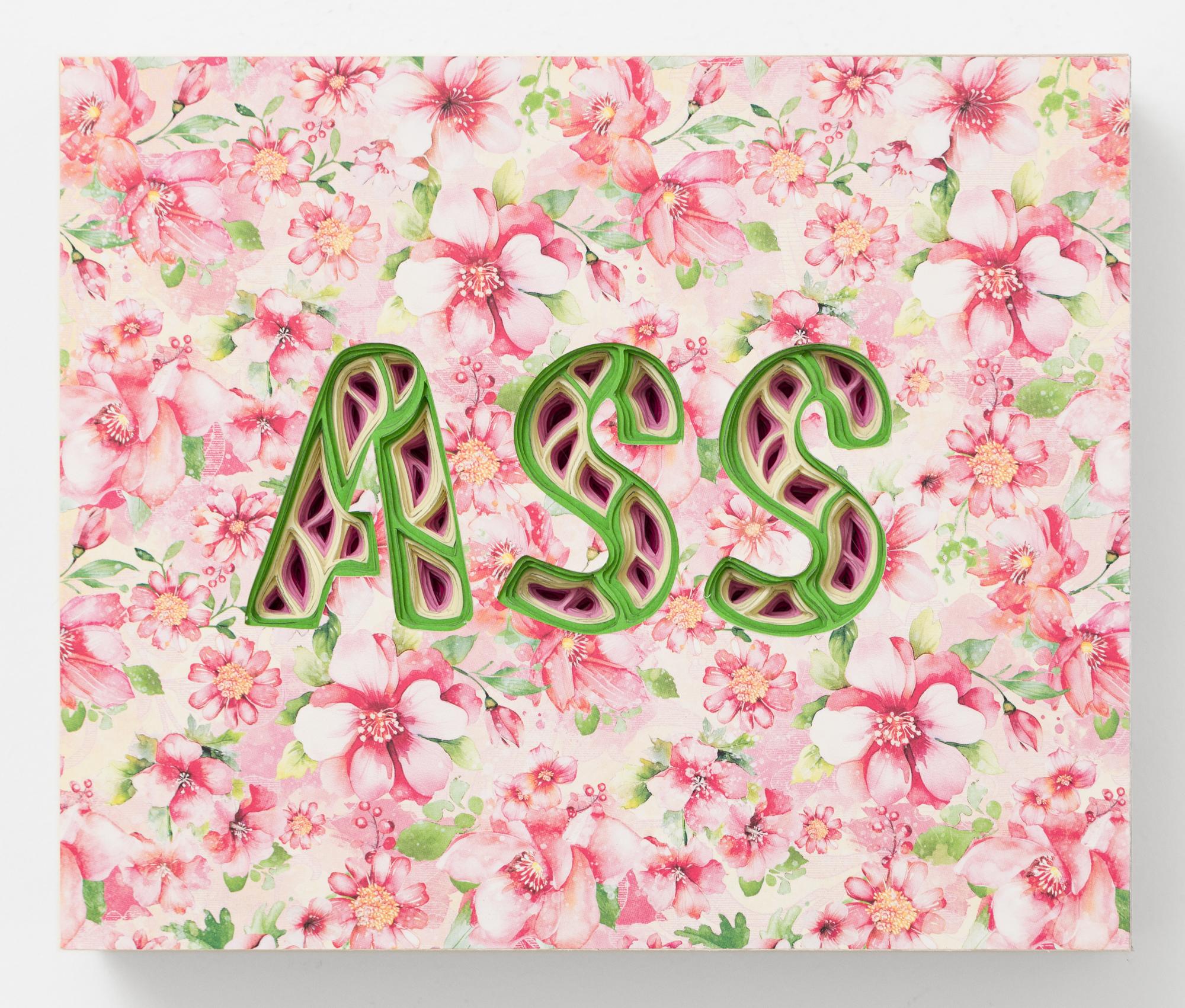 "ASS" is an original wall-hanging sculpture by Charles Clary as part of the artist's popular "Text-i-monial" series. To create the artwork, Clary hand cuts a series of individual sheets of paper that he then layers and spaces to create the