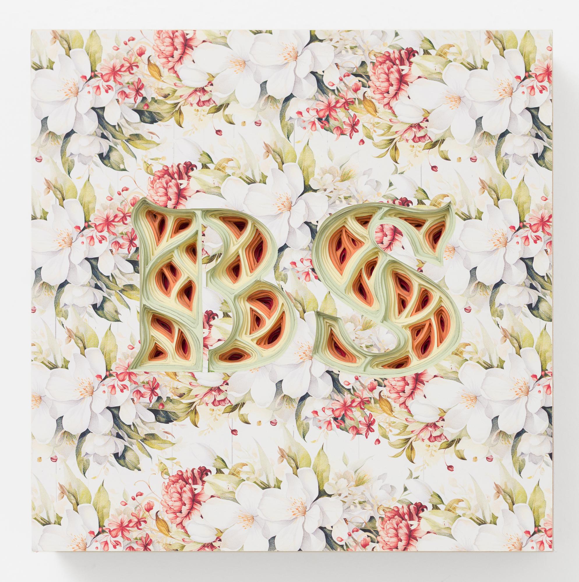 "BS" is an original wall-hanging sculpture by Charles Clary as part of the artist's popular "Text-i-monial" series. To create the artwork, Clary hand cuts a series of individual sheets of paper that he then layers and spaces to create the