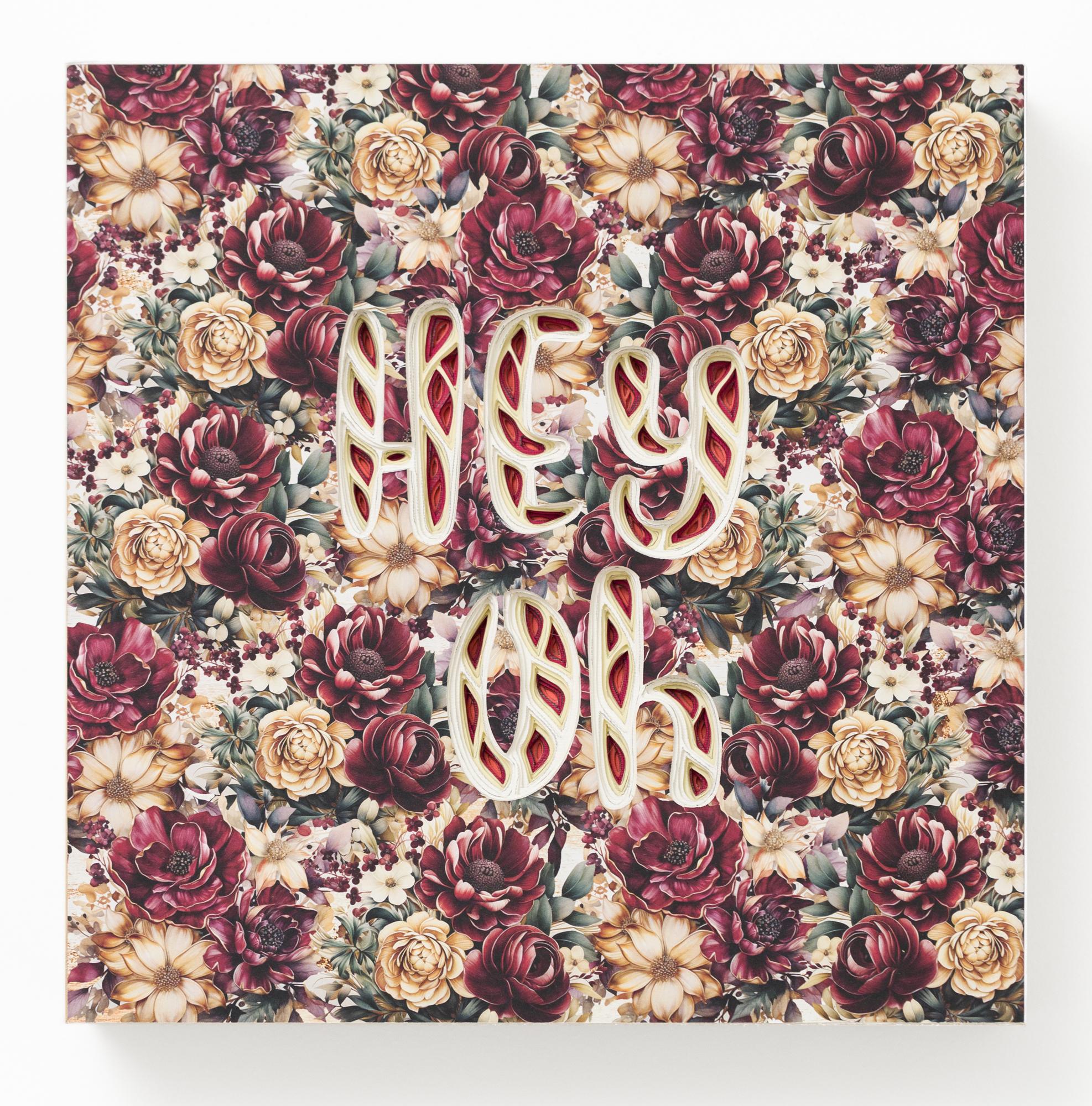 "HEY OH" is an original wall-hanging sculpture by Charles Clary as part of the artist's popular "Text-i-monial" series. To create the artwork, Clary hand cuts a series of individual sheets of paper that he then layers and spaces to create the