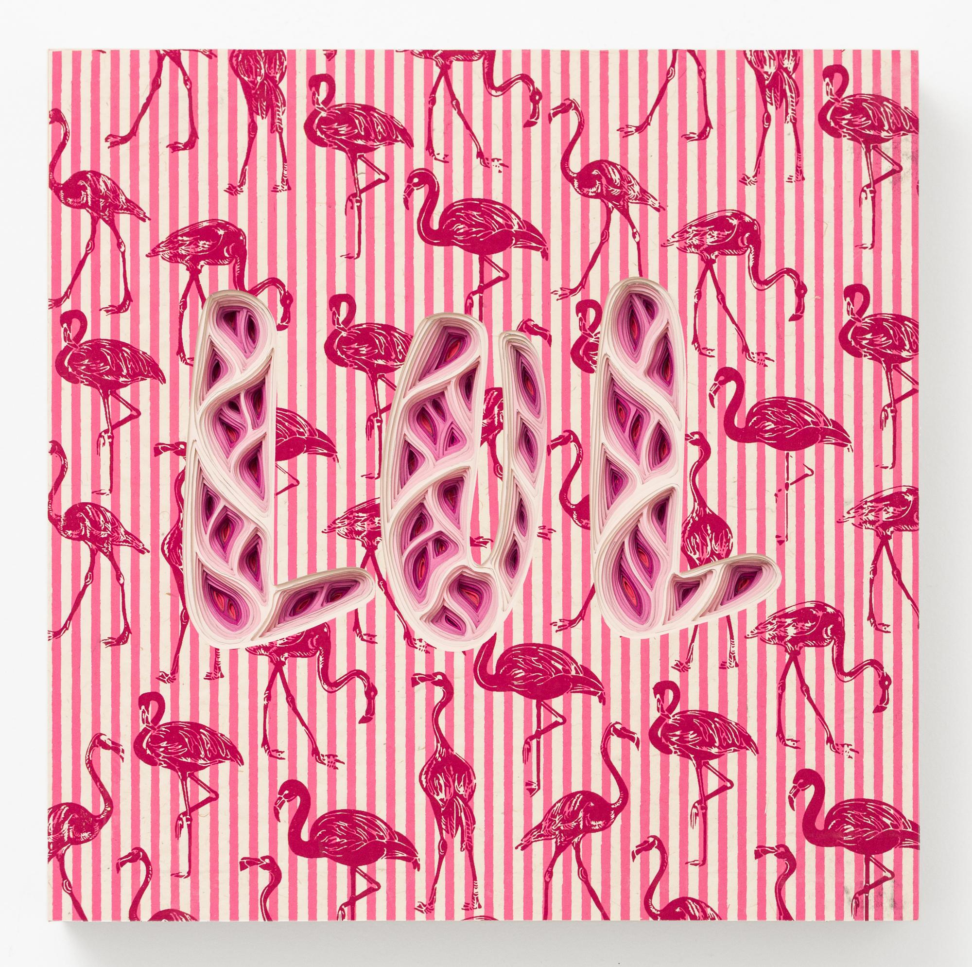 Charles Clary Abstract Sculpture - "LOL" Light-Hearted Text Wall Sculpture with Striped Flamingo Pattern