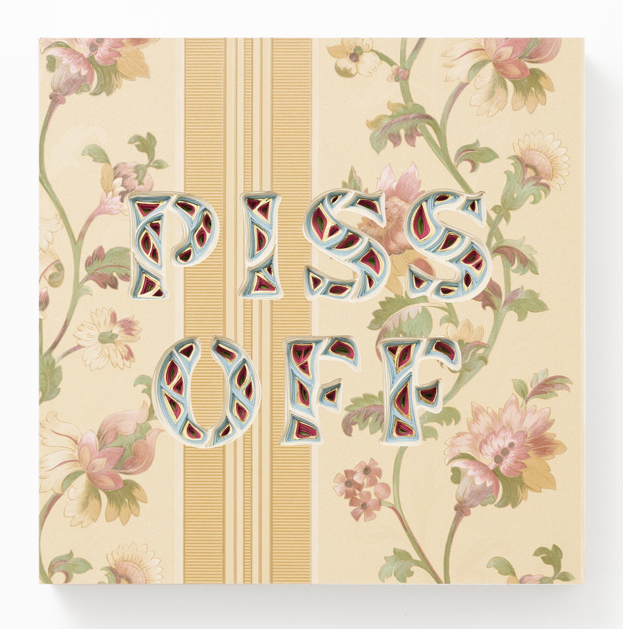 "PISS OFF" is an original wall-hanging sculpture by Charles Clary as part of the artist's popular "Text-i-monial" series. To create the artwork, Clary hand cuts a series of individual sheets of paper that he then layers and spaces to create the