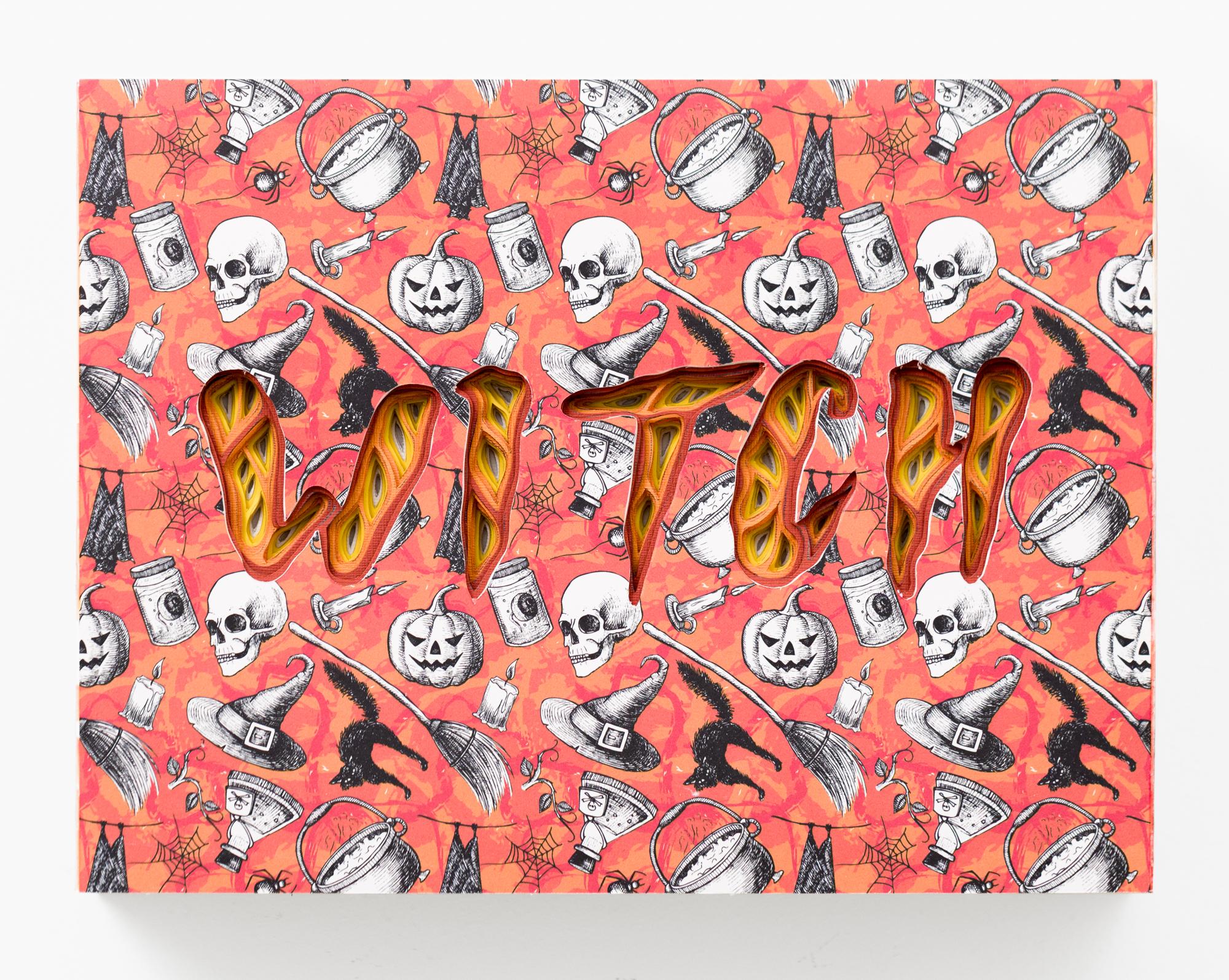 "WITCH" is an original wall-hanging sculpture by Charles Clary as part of the artist's popular "Text-i-monial" series. To create the artwork, Clary hand cuts a series of individual sheets of paper that he then layers and spaces to create the