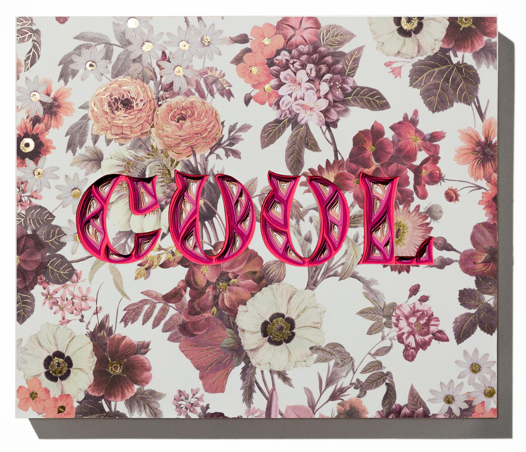 "COOL", Hand-cut Paper Wall-Hanging Sculpture with gold embellishments