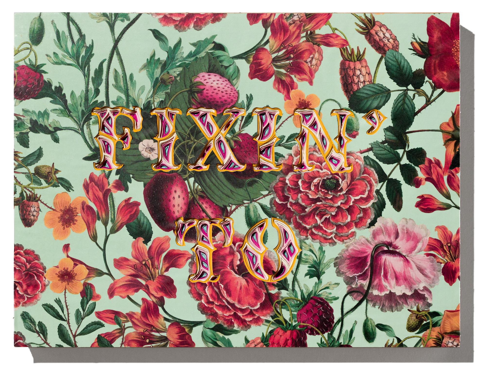 "FIXIN TO" is an original wall-hanging sculpture by Charles Clary as part of the artist's popular "Text-i-monial" series. To create the artwork, Clary hand cuts a series of individual sheets of paper that he then layers and spaces to create the