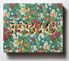 "HBIC" Text, layered and hand-cut paper, mounted on wood panel