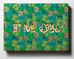"I'M OK" Text, layered and hand-cut paper, mounted on wood panel