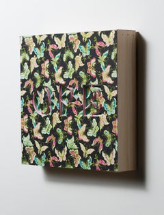 "OPE" Text, layered and hand-cut paper, mounted on wood panel