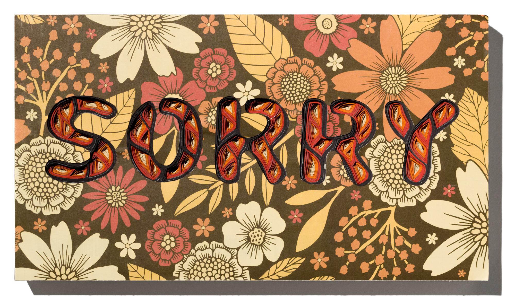 "SORRY" is an original wall-hanging sculpture by Charles Clary as part of the artist's popular "Text-i-monial" series. To create the artwork, Clary hand cuts a series of individual sheets of paper that he then layers and spaces to create the