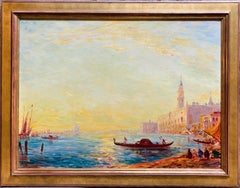 Antique Huge 19th century French impressionist painting - Sunset in Venice - Cityscape