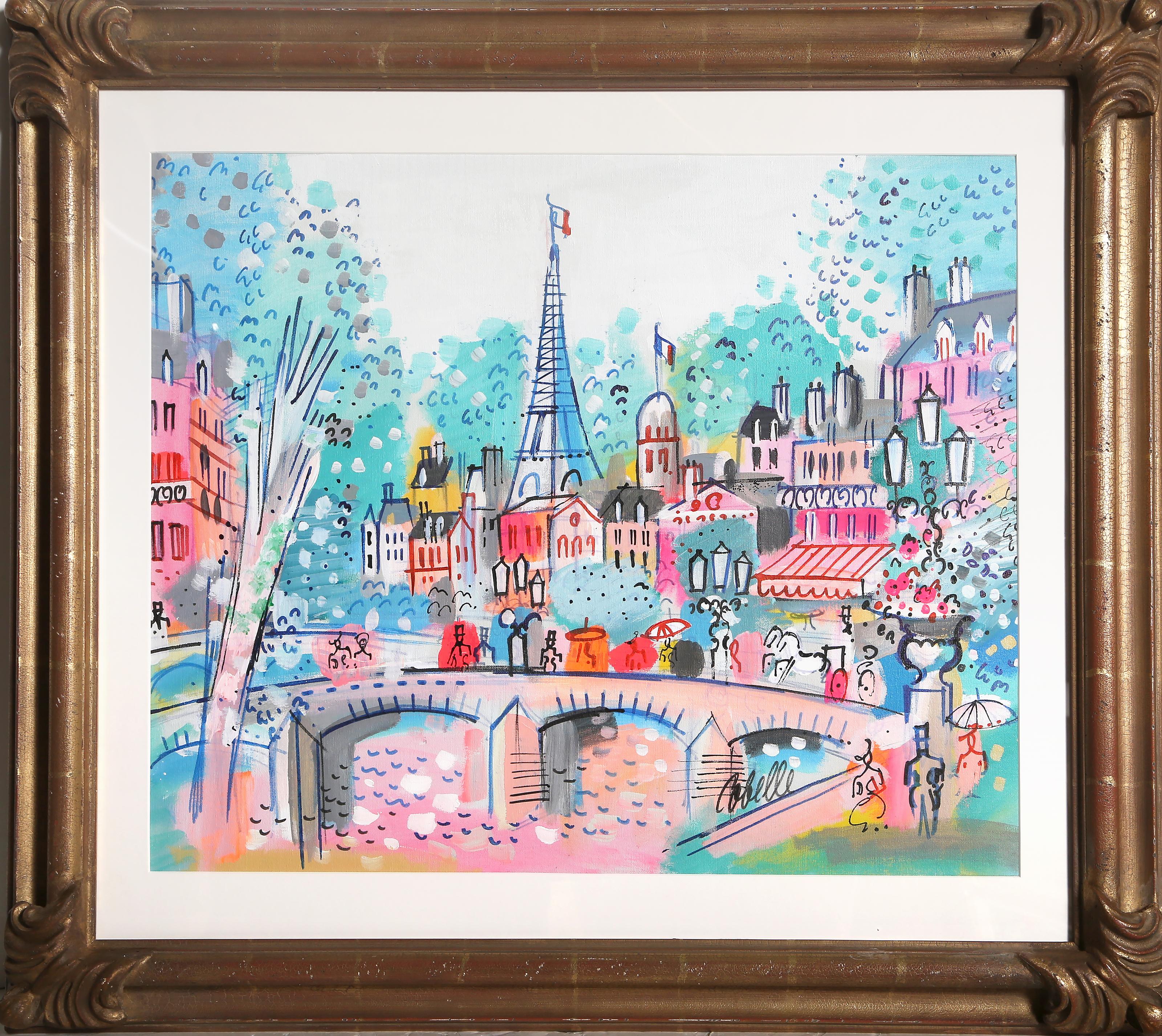 Ponte e Torre Eiffel, Pittura Acrilica di Charles Cobelle
