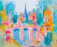 Bridge and Eiffel Tower, Paris Framed Painting by Charles Cobelle