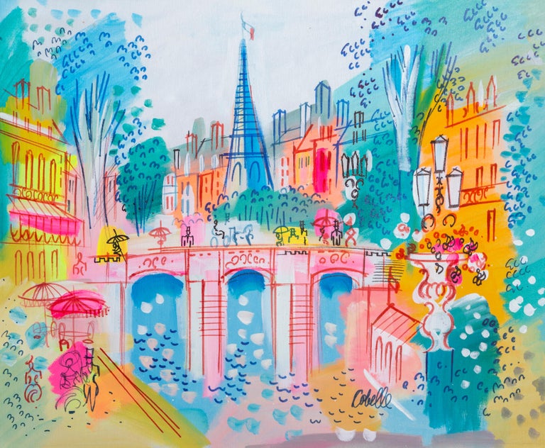 Bridge and Eiffel Tower, Paris Framed Painting by Charles Cobelle 1