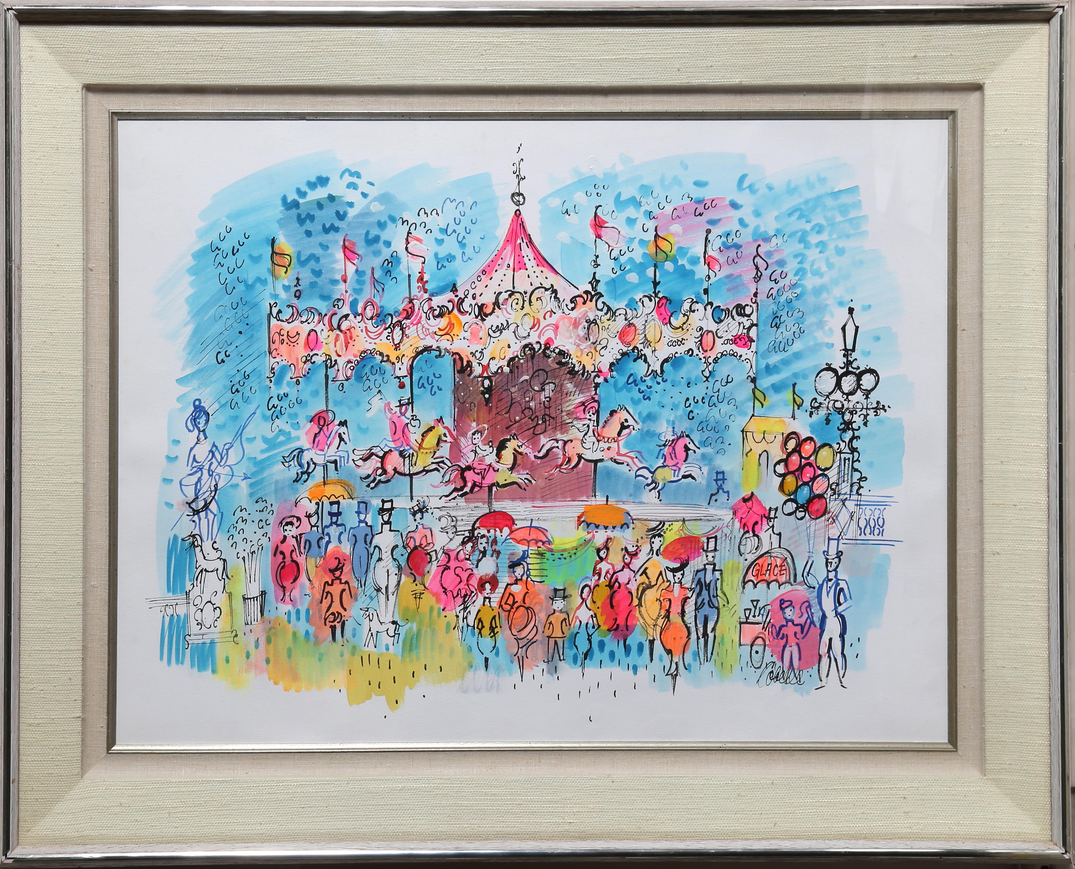 A vibrant painting of a carousel in a crowded Paris plaza by French artist Charles Cobelle. His style regularly uses bright neon colors to depict everyday street life scenes of 1960s France. This piece is signed and nicely framed.

Carousel
Charles
