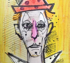 Clown in Orange Polka Dot Hat, Signed Modern Acrylic Painting by Charles Cobelle
