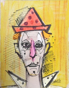 Clown in Orange Polka Dot Hat, Signed Modern Acrylic Painting by Charles Cobelle