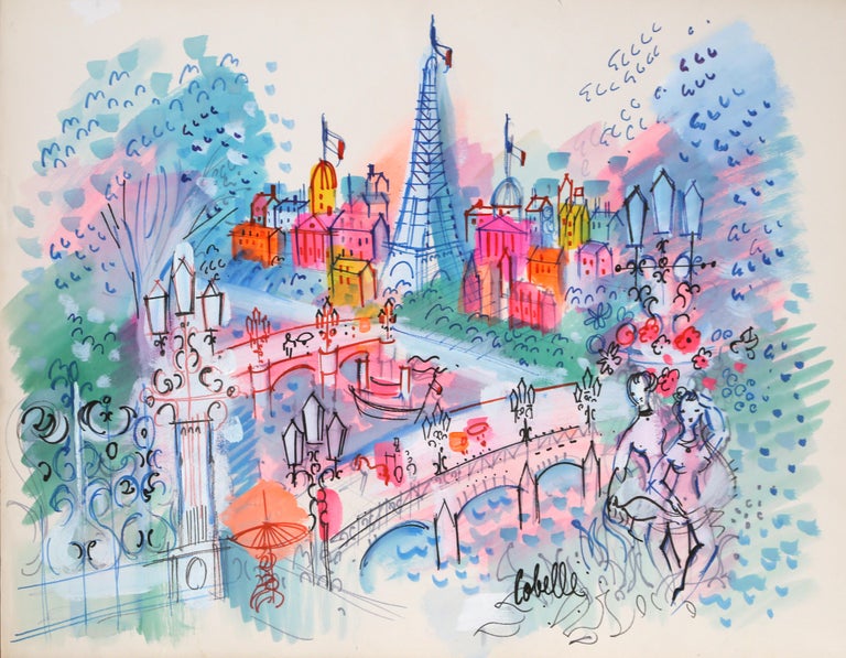 Artist: Charles Cobelle, French (1902 - 1994)
Title: Eiffel Tower with Three French Flags
Year: circa 1959
Medium: Acrylic on paper, Signed lower right
Size: 24 x 32 in. (60.96 x 81.28 cm)