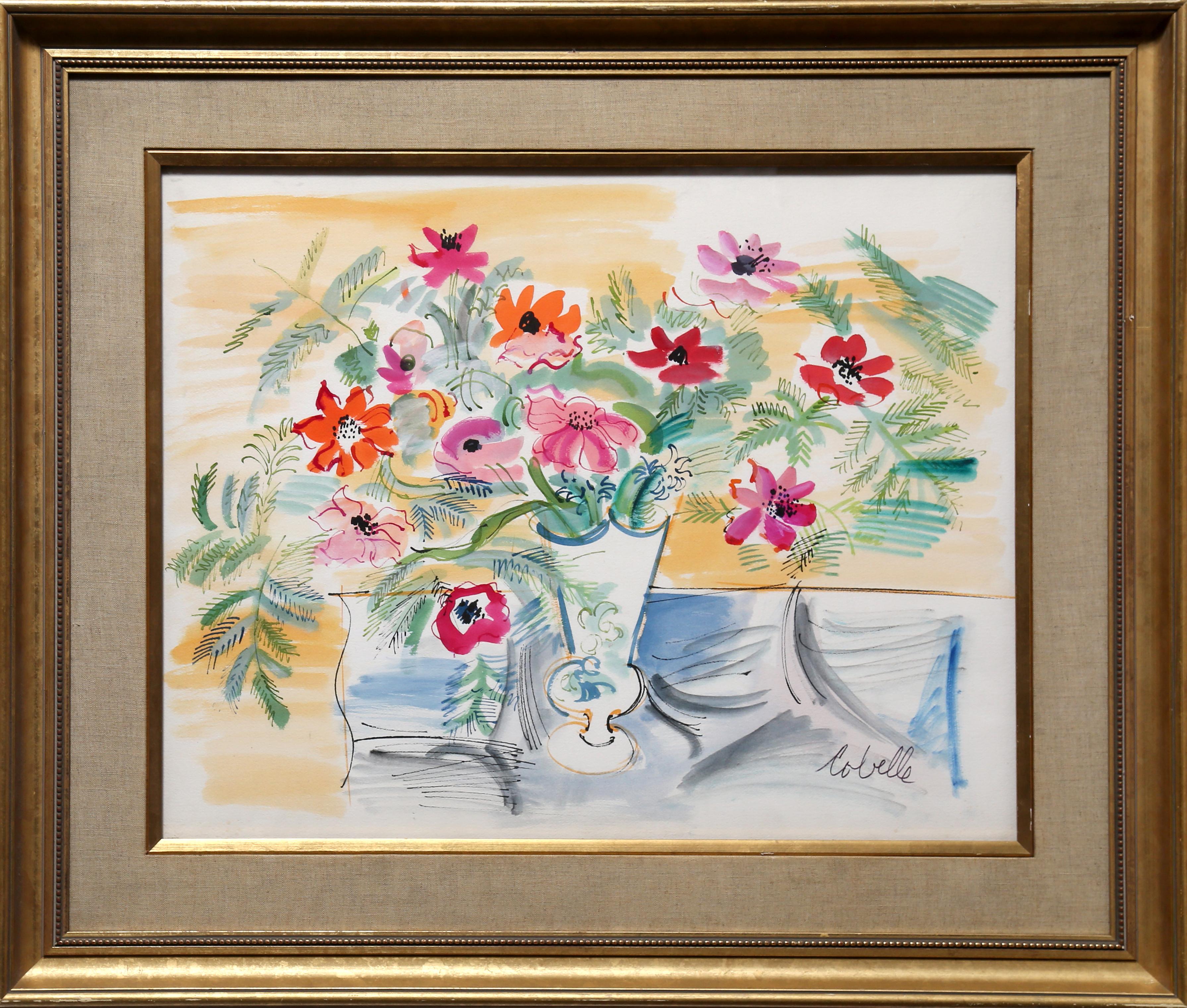 "Fleurs" is an original watercolor paintng on paper by French artist, Charles Cobelle (1902 - 1994), signed lower right.  The painting measures 21.5 x 27.5 inches and is framed to 32 x 38 inches.