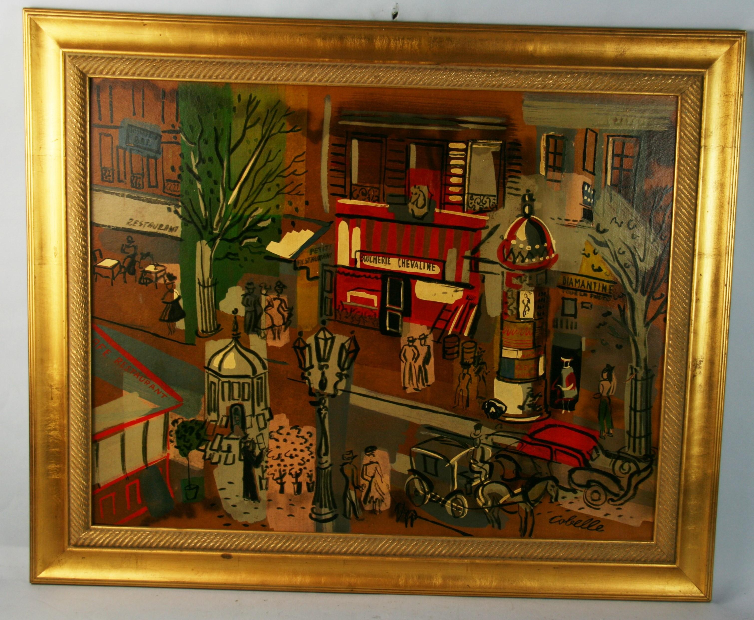 Large Modern Fauvist French  City Street by Cobelle 1960 - Painting by Charles Cobelle