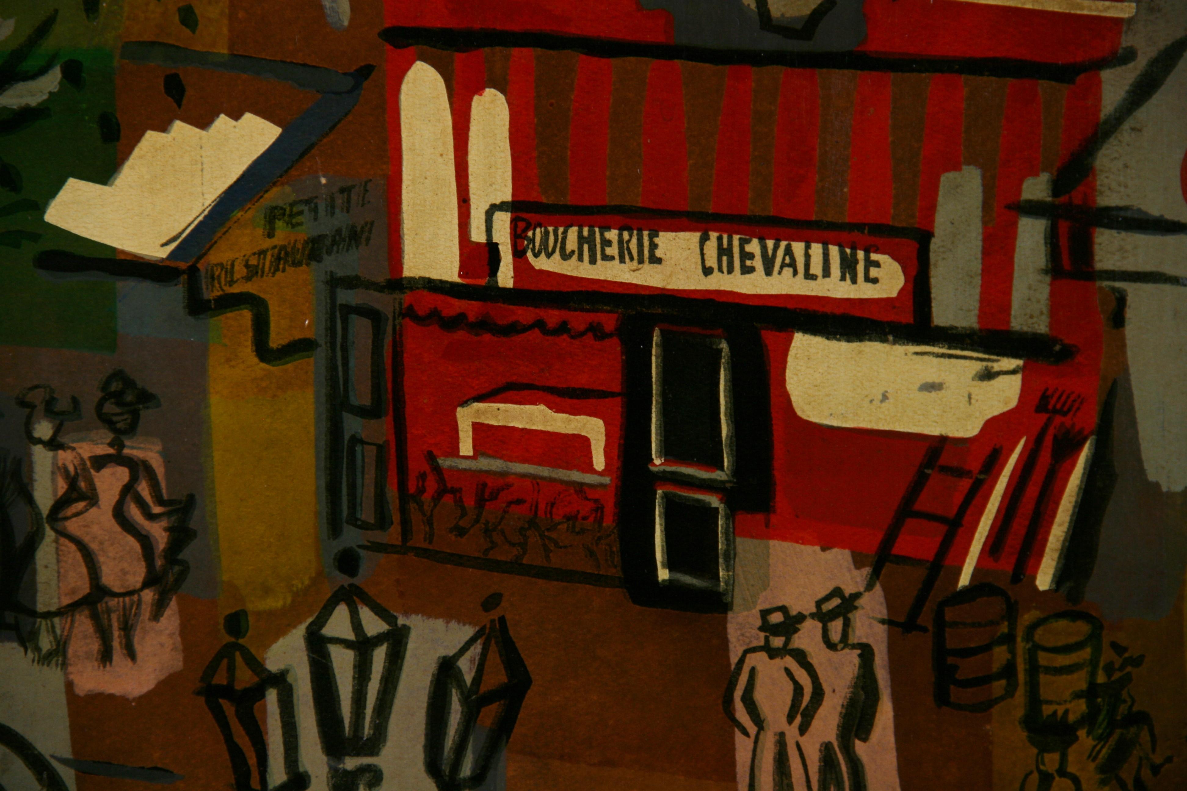 Large Modern Fauvist French  City Street by Cobelle 1960 - Brown Figurative Painting by Charles Cobelle