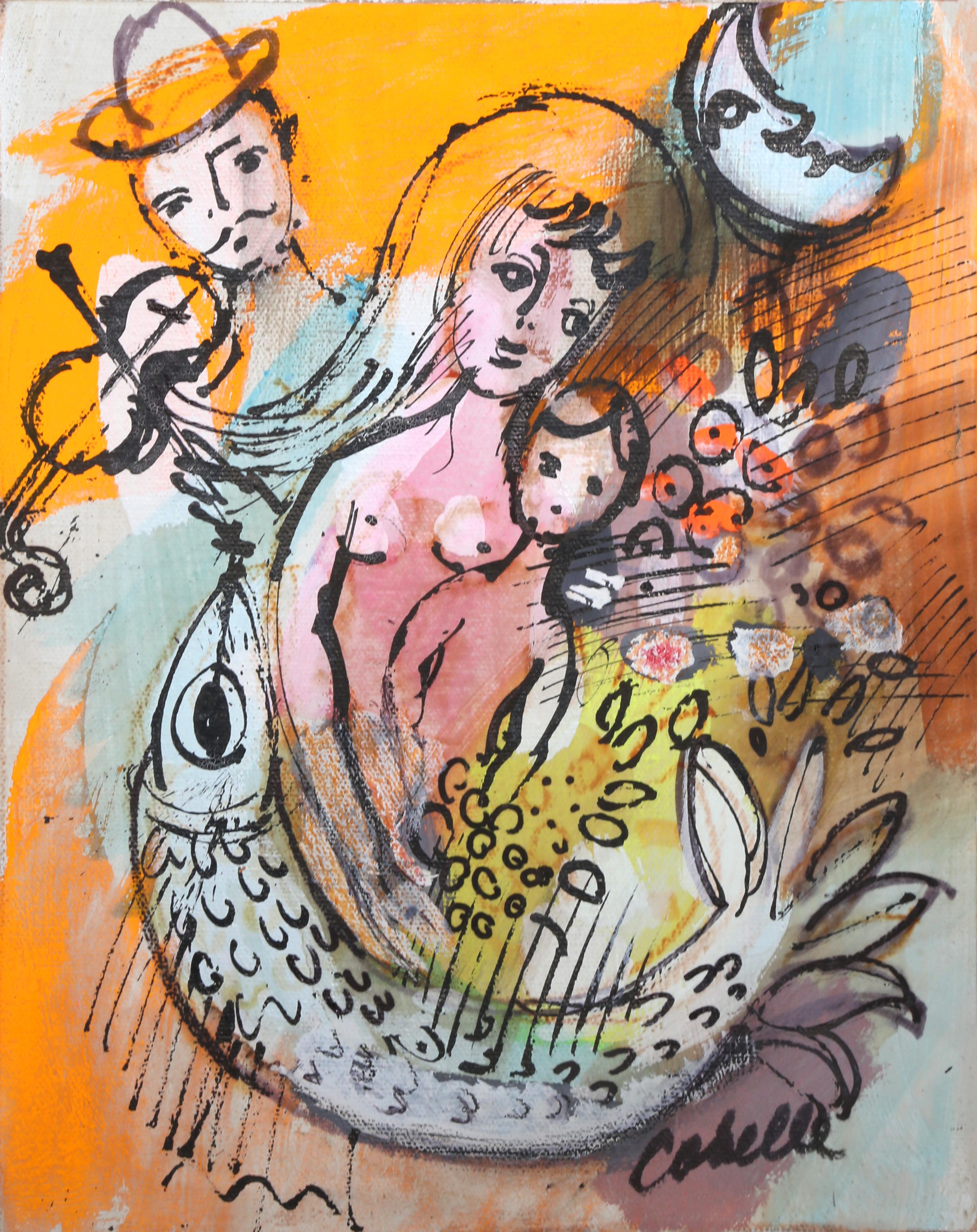 Mother and Child with Fish - Painting by Charles Cobelle
