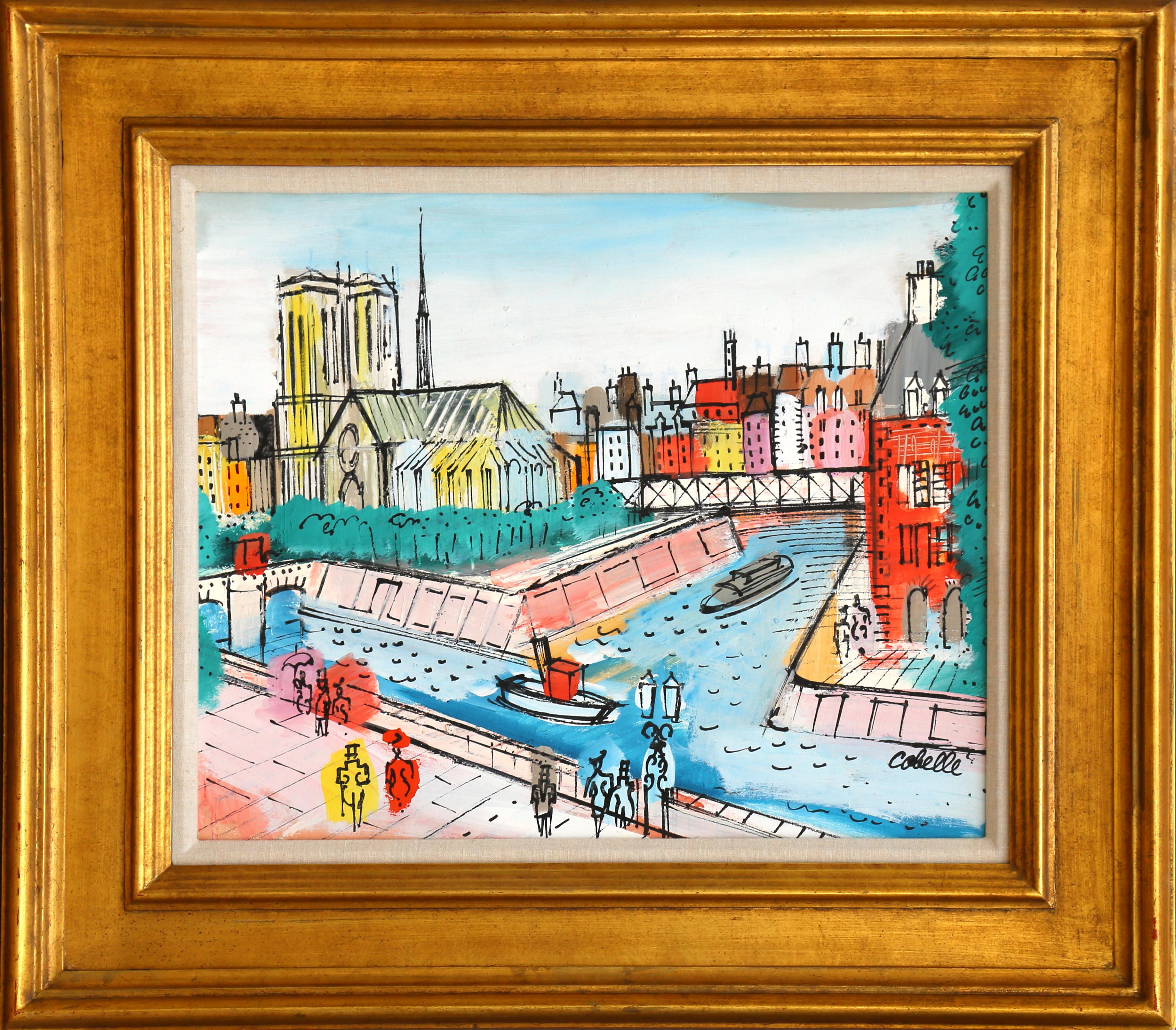 Artistics : Charles Cobelle, Français (1902 - 1994)
Titre : Notre Dame et les ponts
Année : vers 1960
Médium : Acrylique sur toile, signée à gauche.
Taille : 60,96 x 76,2 cm (24 x 30 in.)
Cadre : 29.5 x 34 pouces