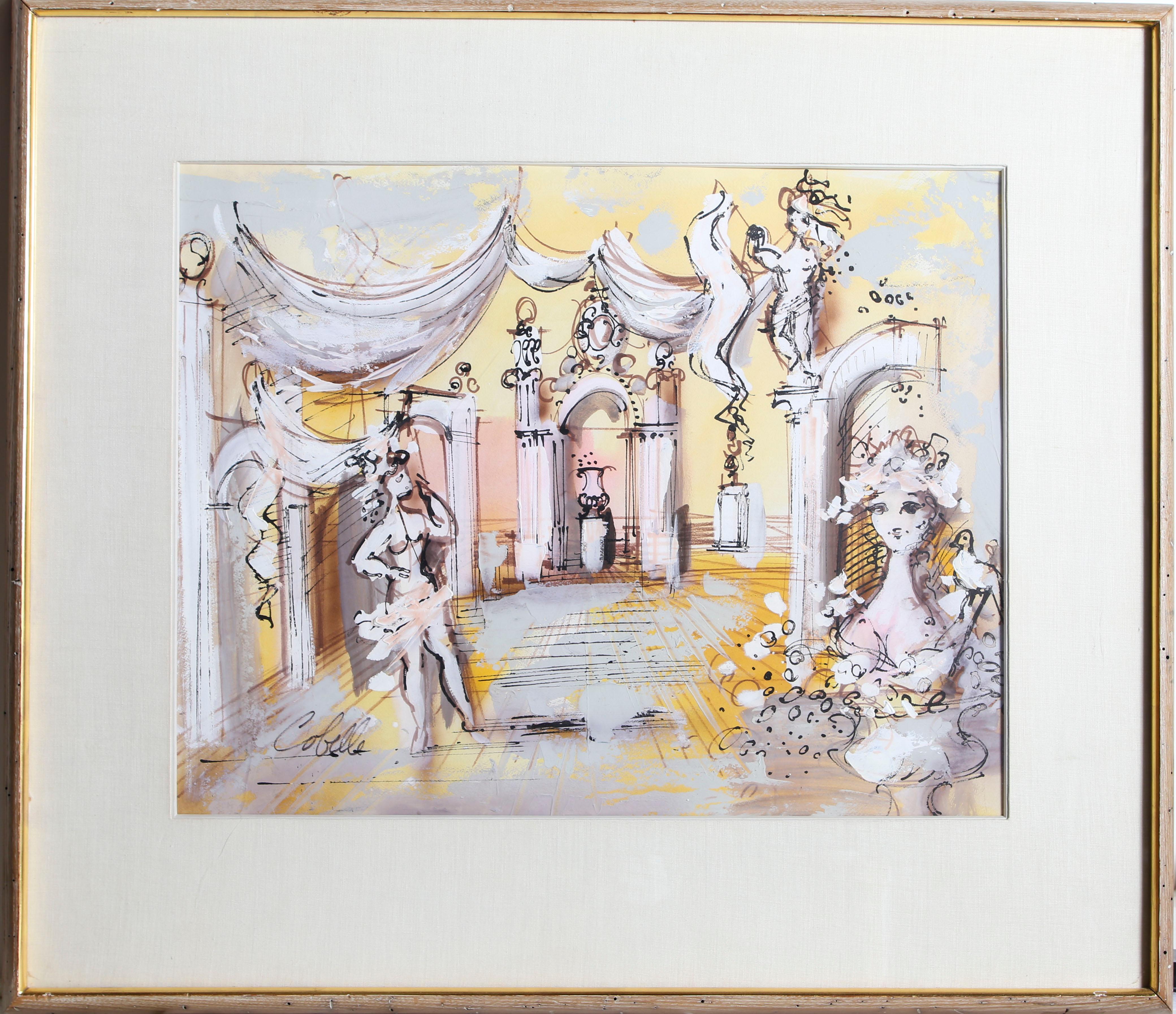 A colonnaded plaza filled with dancing figures and stone statues. Soft billowing pieces of fabric are draped over the whole scene. 

Palace
Charles Cobelle, French (1902–1994)
Date: circa 1960
Acrylic on Paper, signed lower left
Size: 20.5 x 26 in.