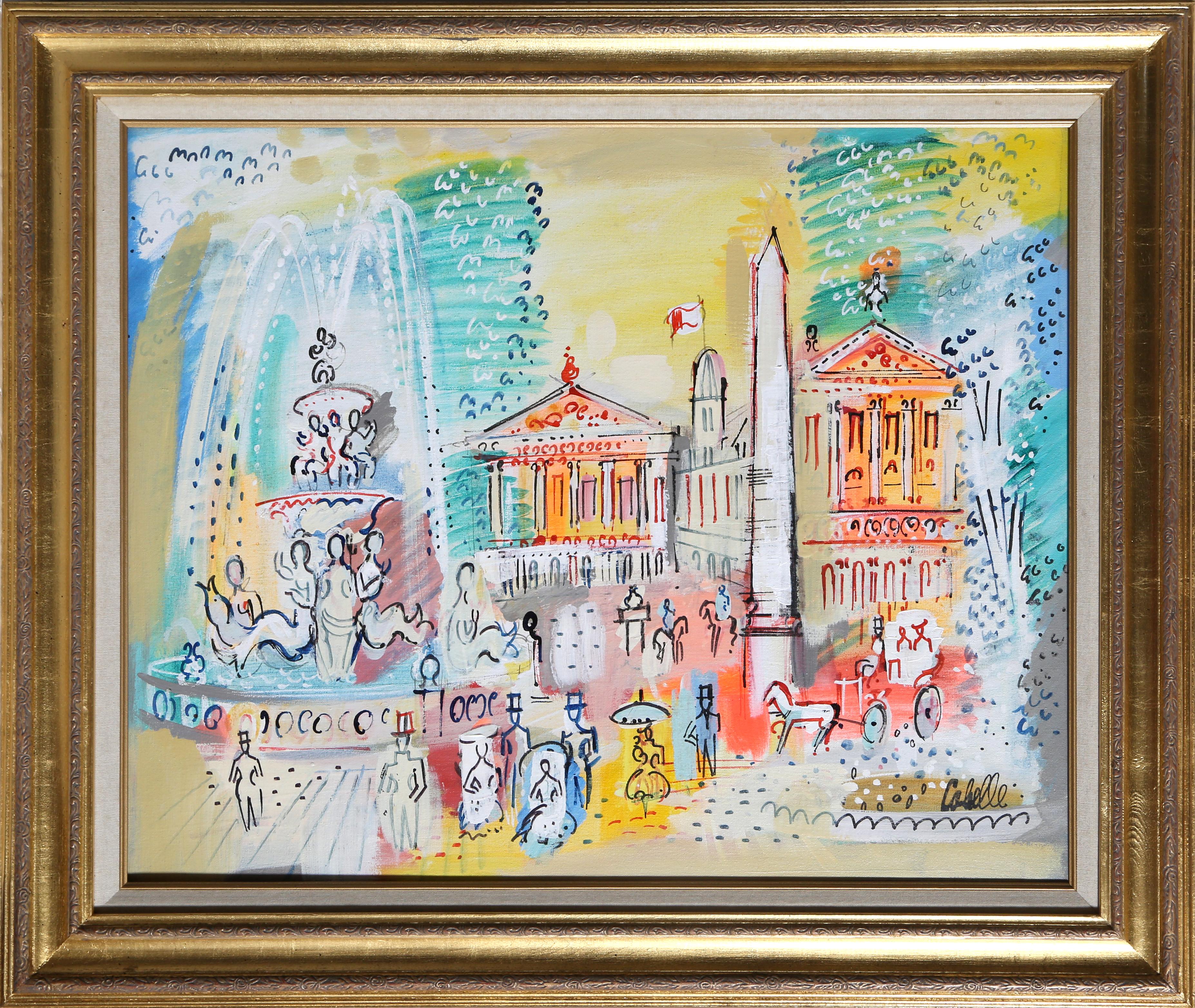 Paris Monuments with Fountain, Acrylic Painting by Charles Cobelle