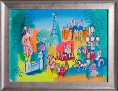Paris Street by Eiffel Tower, Folk Art Acrylic Painting by Charles Cobelle