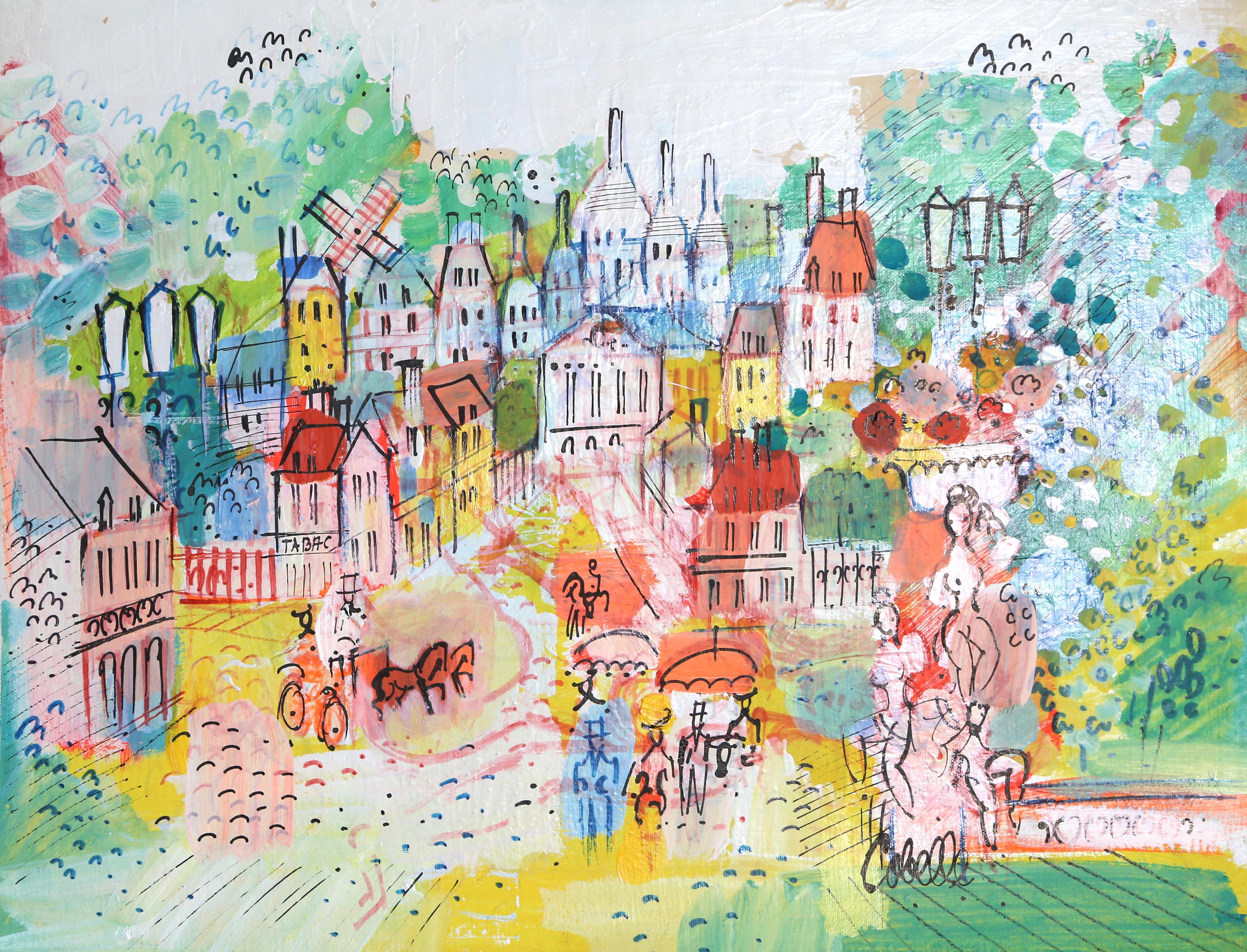 Le strade di Paris con il Moulin Rouge 2, Pittura acrilica folkloristica di Charles Cobelle in vendita 1