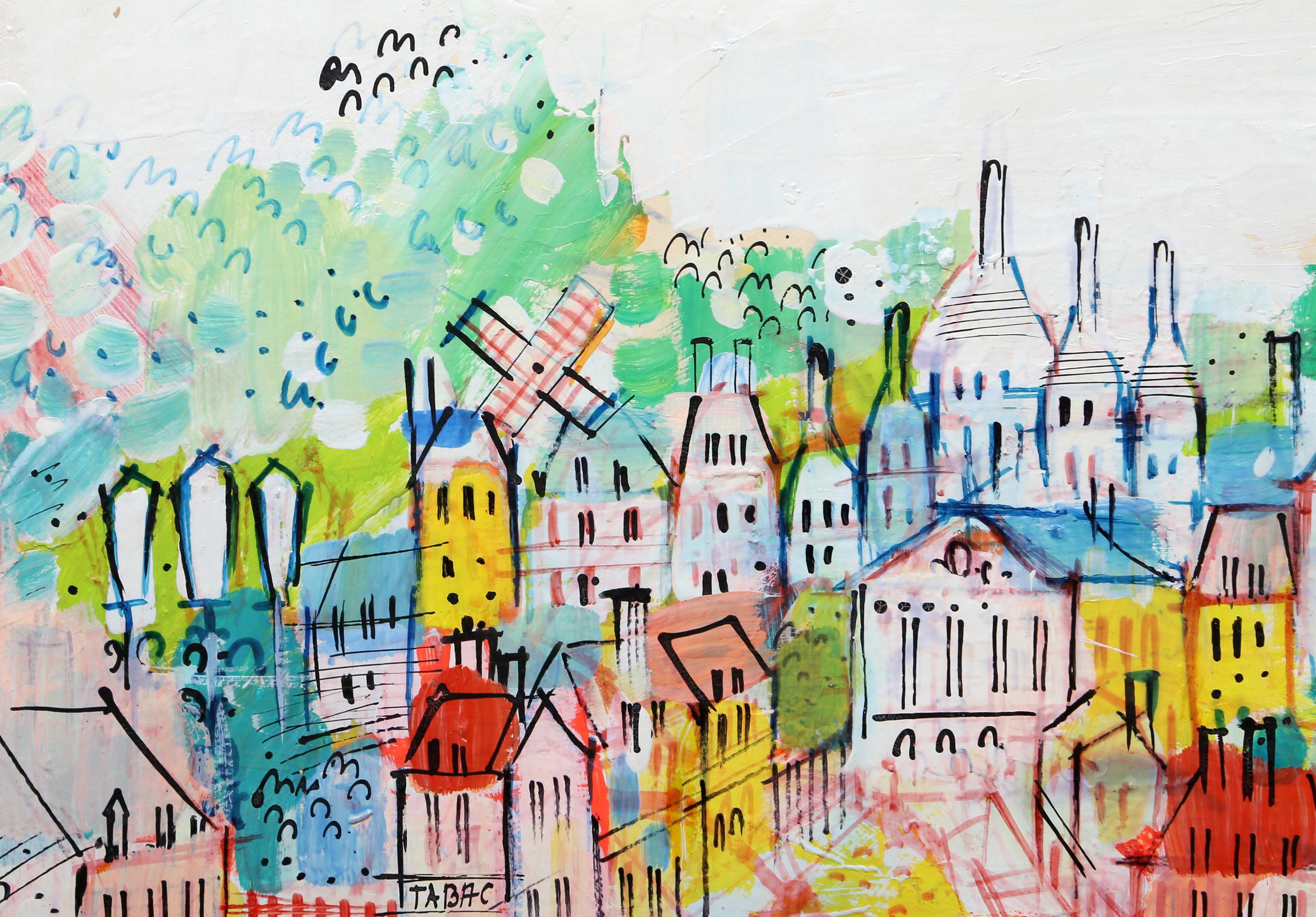 Le strade di Paris con il Moulin Rouge 2, Pittura acrilica folkloristica di Charles Cobelle in vendita 2