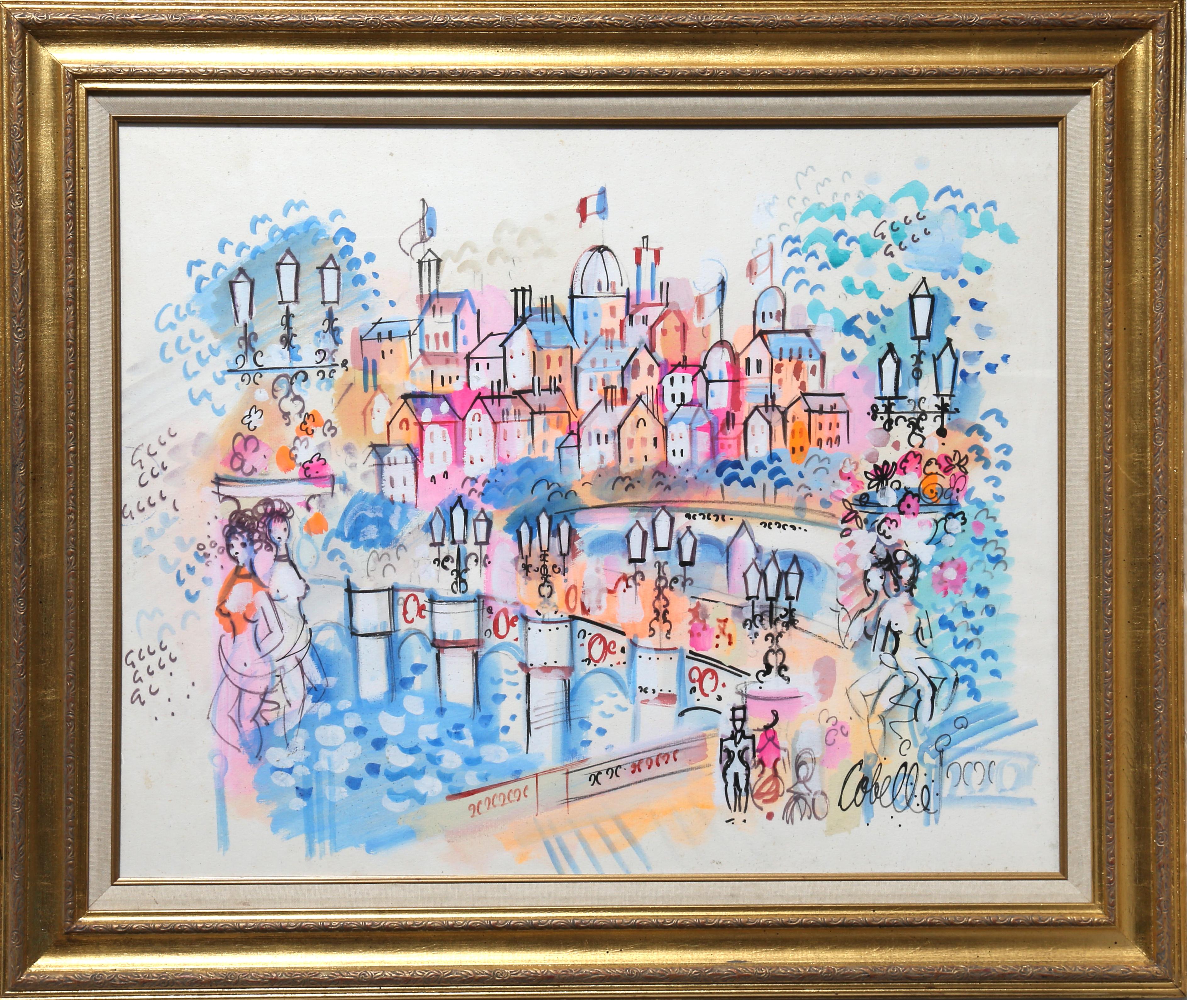 Paris Panthéon and Bridge, Watercolor Painting by Charles Cobelle