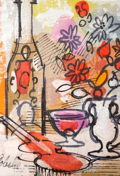 Nature morte au violon et aux fleurs 2, Acrylique impressionniste de Charles Cobelle