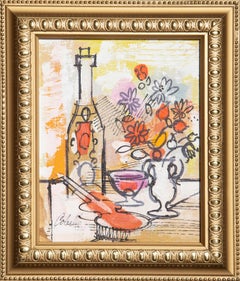 Still Life with Violin and Flowers 2, Impressionist Acrylic by Charles Cobelle