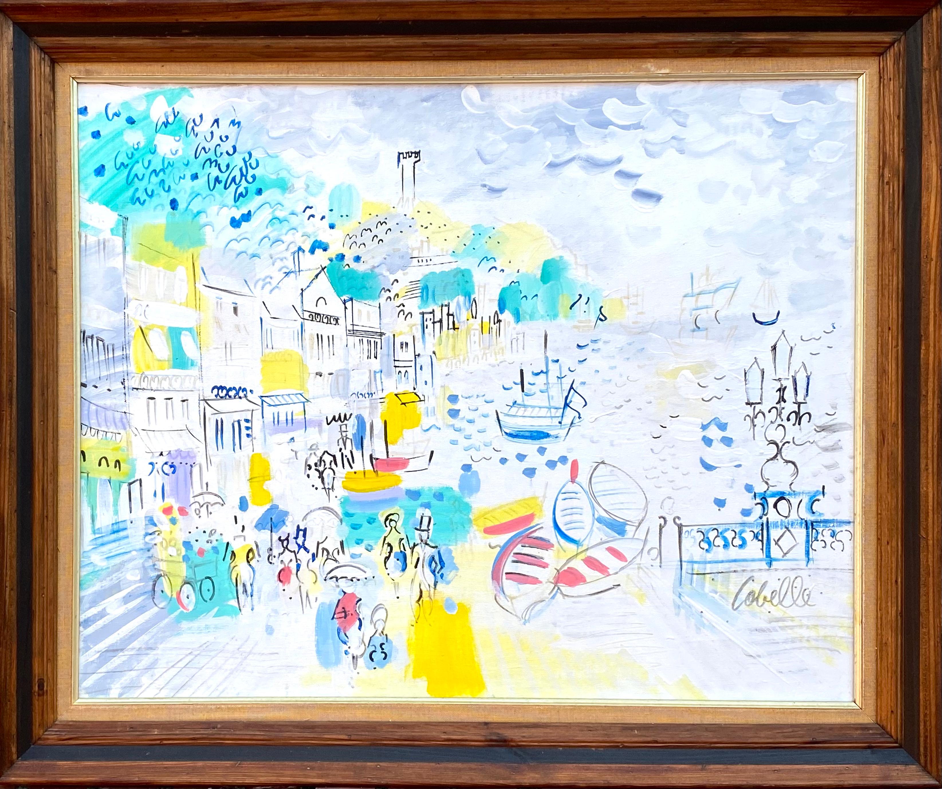 Bright and vibrant oil painting of a French port, perhaps Marseille by the well known international artist Charles Cobelle. Signed lower right. Condition is excellent.  Circa 1965.  Housed in its original walnut colored wood frame with thin linen