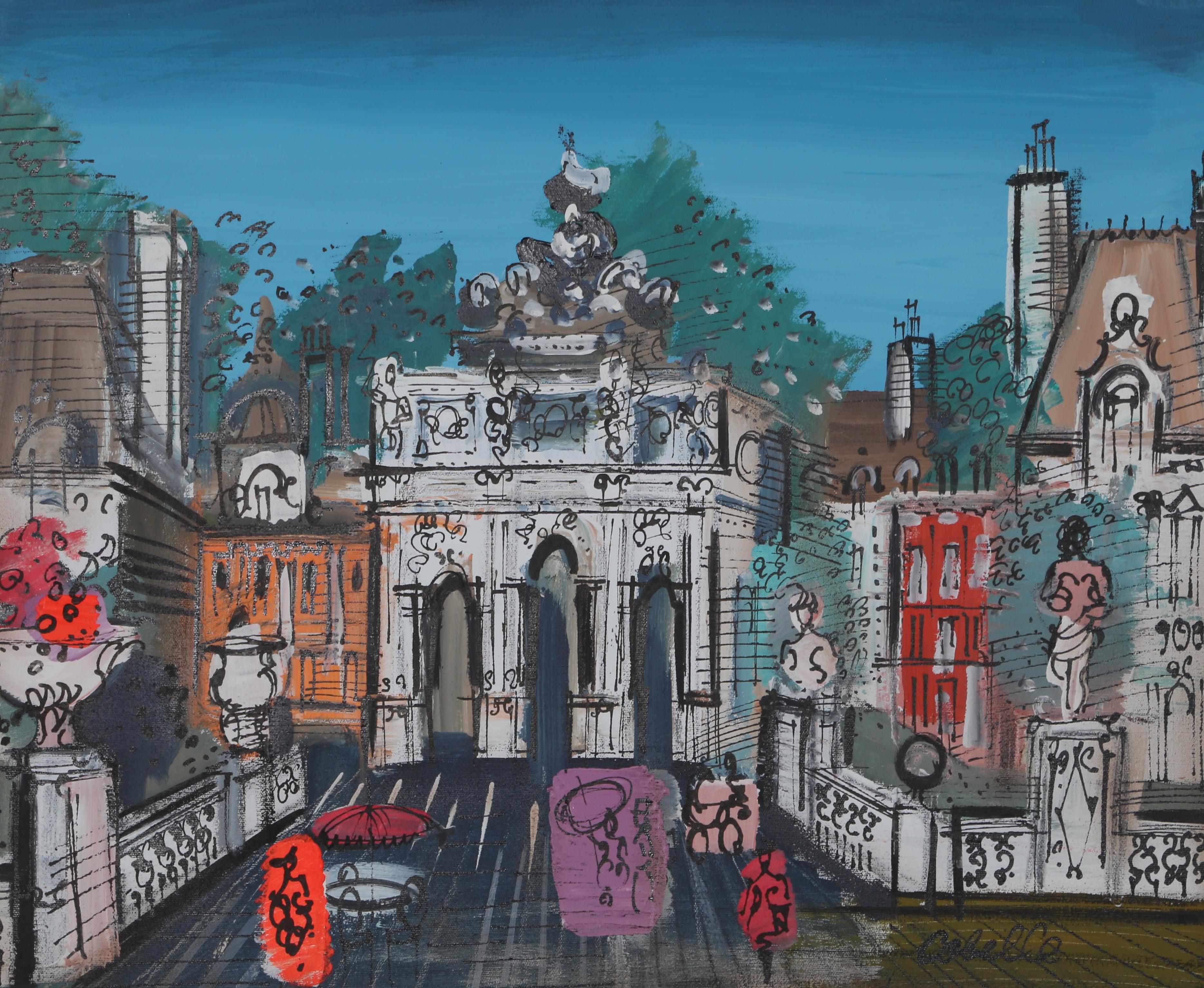 Peinture acrylique encadrée « Paris Street with Monuments » de Charles Cobelle en vente 1