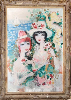 Vintage Two Women by the Shore, Oil Painting by Charles Cobelle