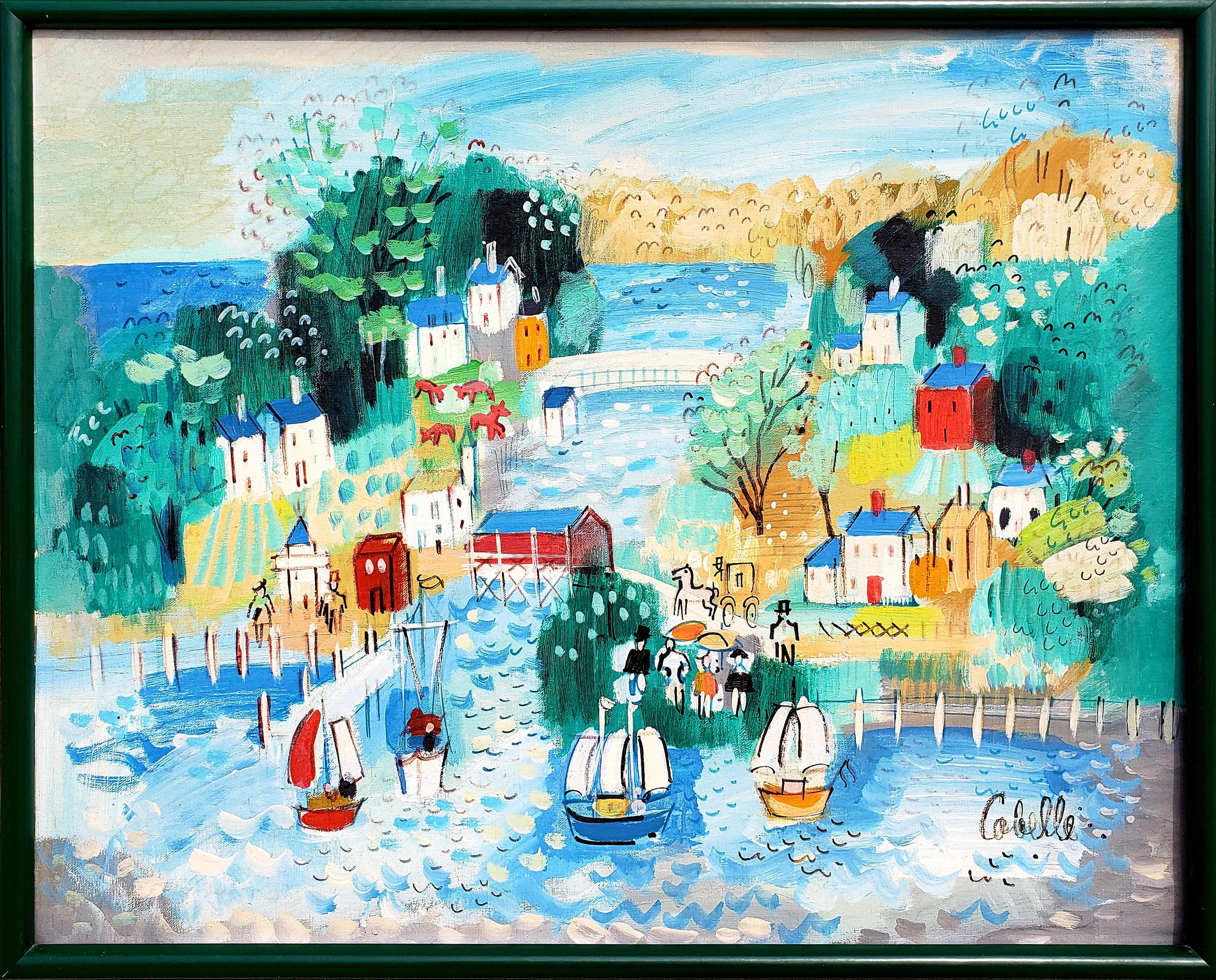 A small farm village by the water as interpreted by the artist. Boats are sailing the harbor and there is a horse and buggy going over the covered bridge. This painting is signed in the lower right by the artist.

Size: 30 x 40 in. (76.2 x 101.6