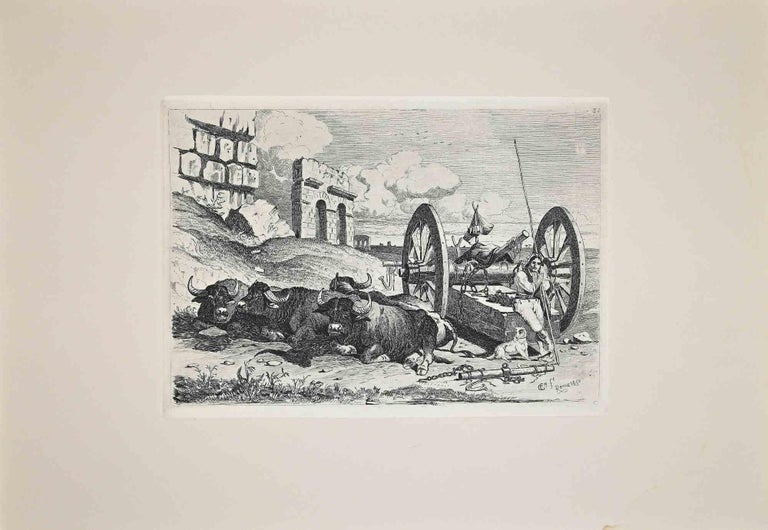 Roman Countryside is an original etching artwork realized after Charles Coleman (1807, Yorkshire - 1874, Roma) in 1992.

Signed on the plate. The rare edition of only 25 copies.

Good condition with a minor stain on the lower right margin.

This