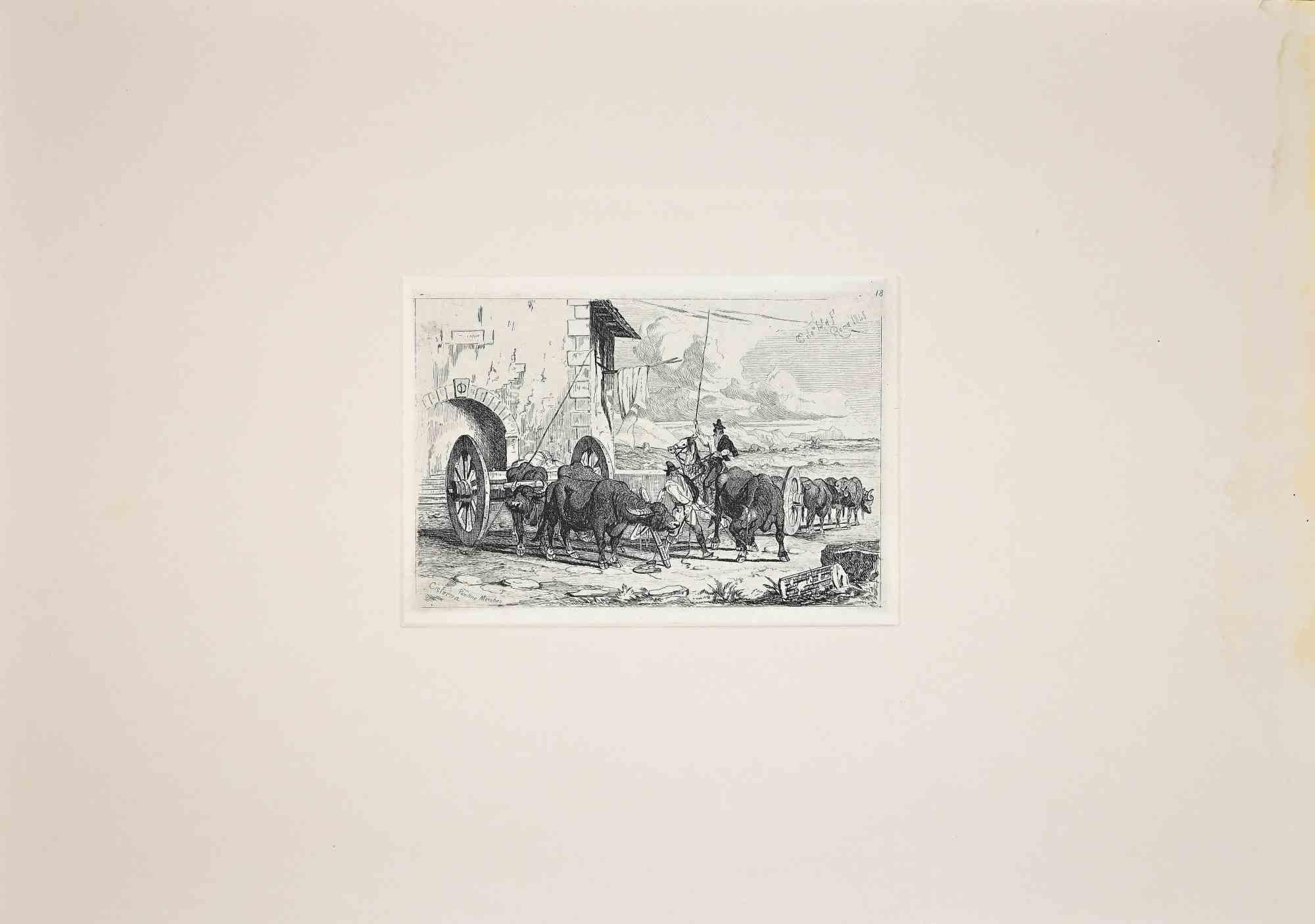 The Herding in Roman Countryside is an original etching artwork realized after Charles Coleman (1807, Yorkshire - 1874, Roma) in 1992.

Signed on the plate, the rare edition of only 25 copies.

Good condition with a minor stain on the frame of the