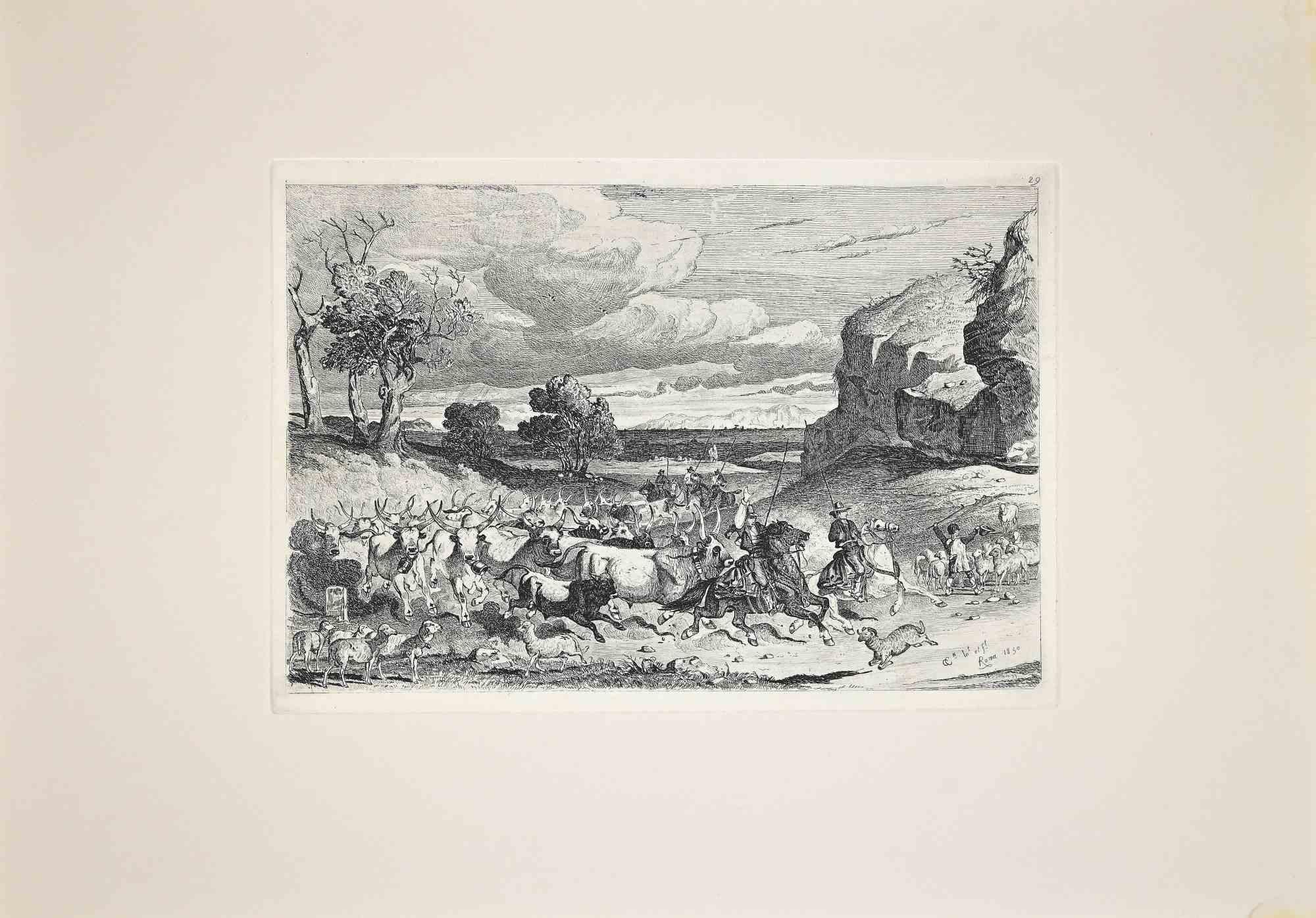 The Landscape of Roman Countryside - Original Etching by Charles Coleman - 1992