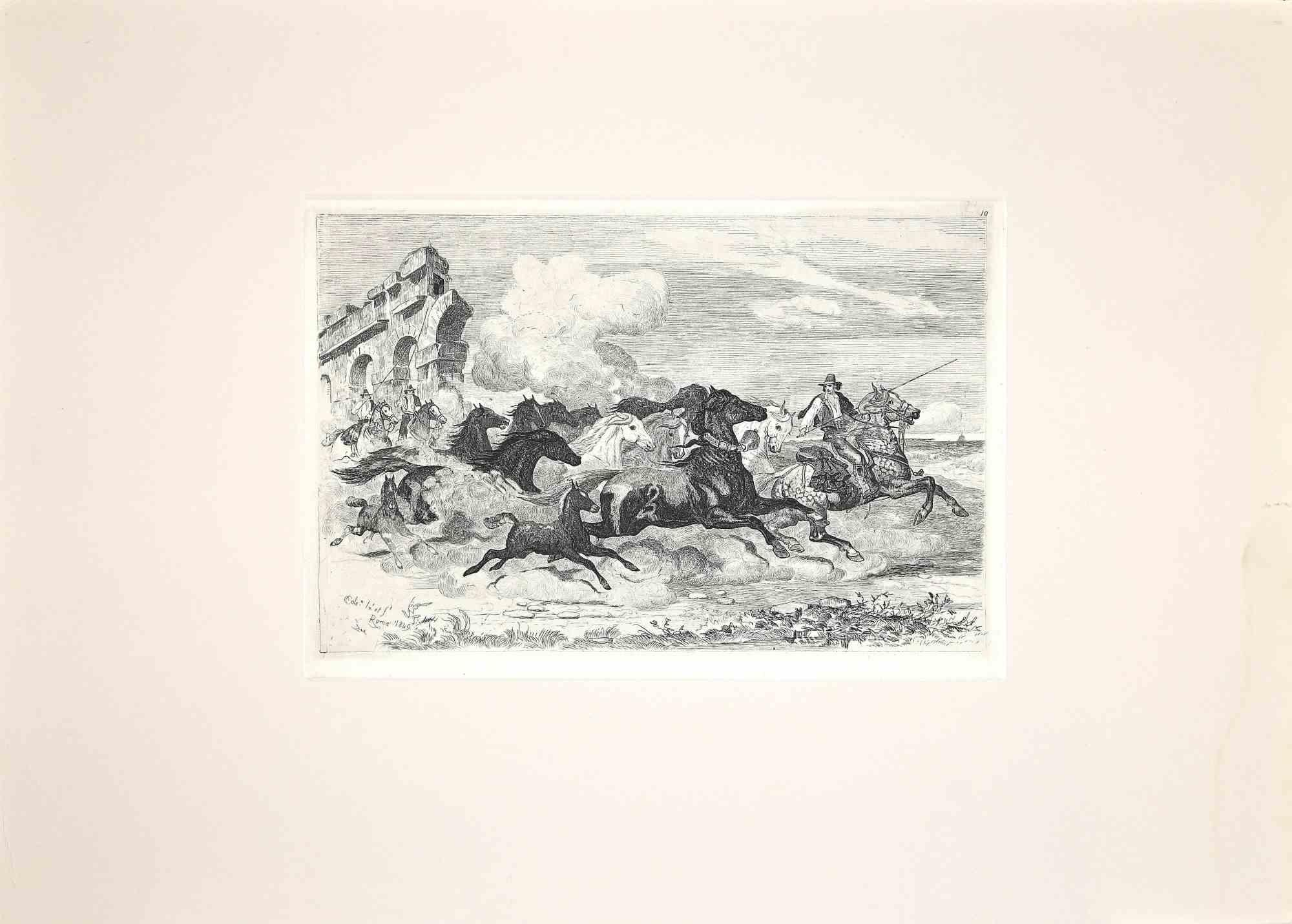 Wildpferde in  Römische Landschaft mit der Kutsche ist eine Originalradierung nach Charles Coleman (1807, Yorkshire - 1874, Rom) aus dem Jahr 1992.

Signiert auf der Platte. Die seltene Auflage von nur 25 Exemplaren.

Guter Zustand mit einem kleinen
